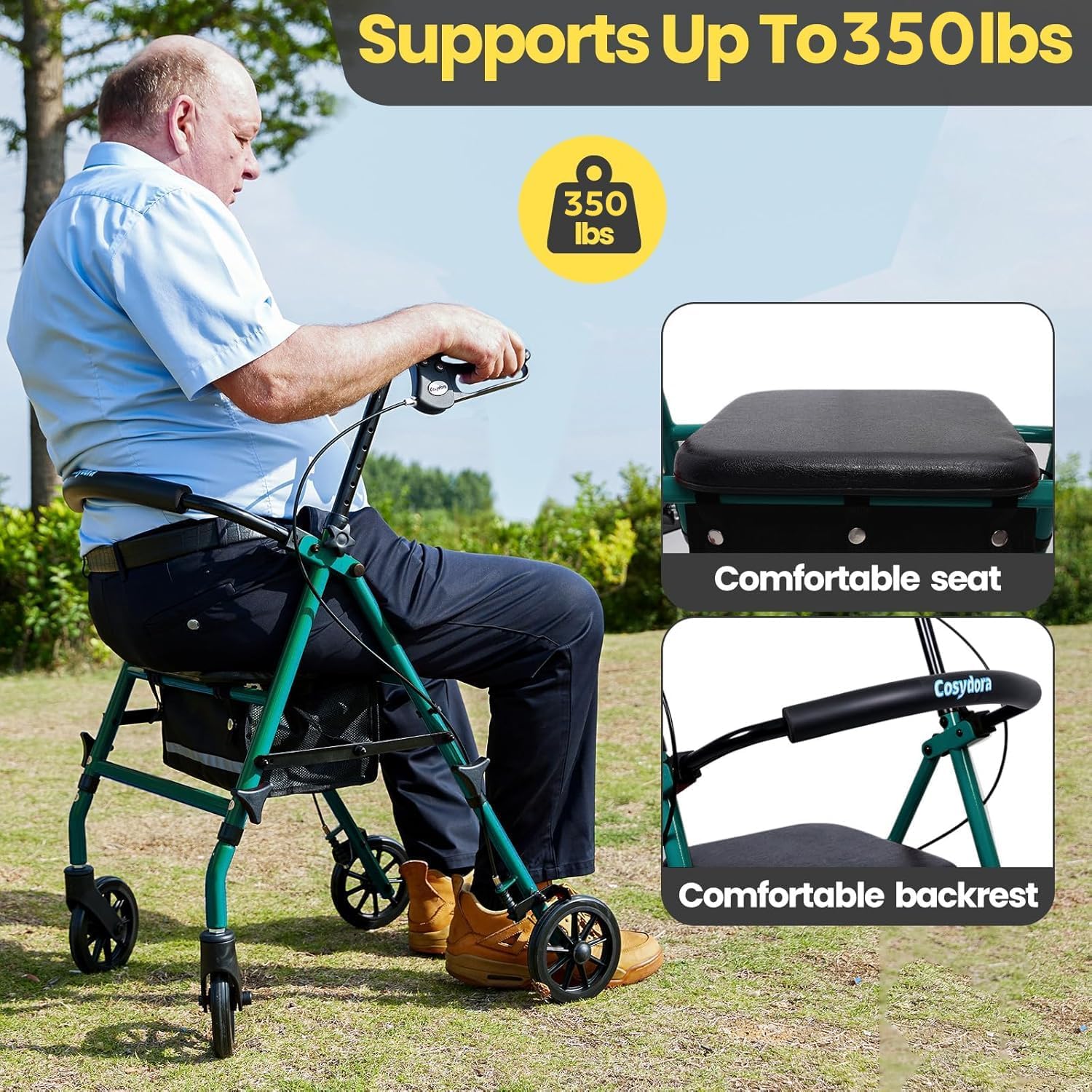 Cosydora Walkers for Seniors, Foldable Rollator Walkers with Seat, 6" All-Terrain Wheels, 350 lb Weight Capacity, Adjustable Handles and Seat Height, Lightweight Rolling Walker, Shimmer Green