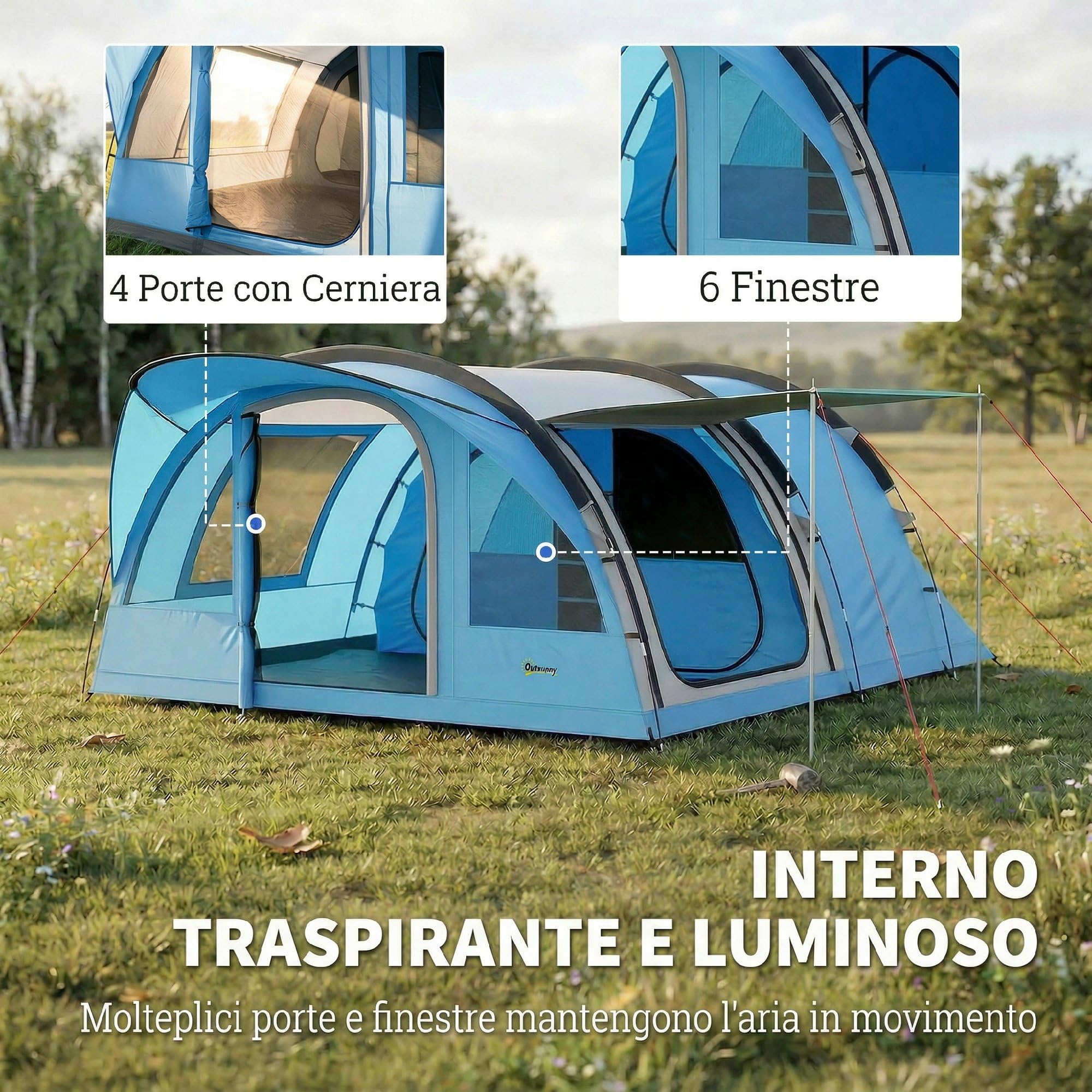Outsunny Tenda Campeggio a Tunnel per 2-4 Persone 200cm 2 Stanze Azzurro | Tenda da Campeggio Familiare, Impermeabile 3000mm, Veranda, 6 Finestre, Gancio, Borsa Trasporto, per Trekking