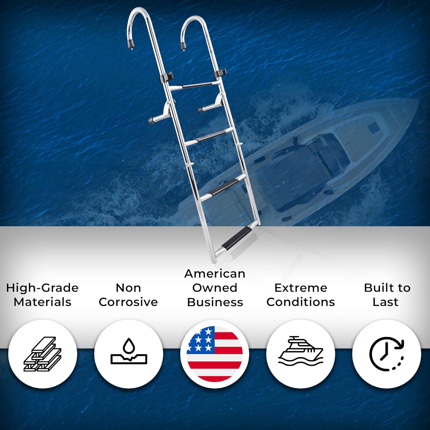 White Water - 4 Step Gunwale-Mounted Removable Ladder w Standoffs | Marine 304 Stainless Steel Heavy-Duty Boarding Ladder | Corrosion-Resistant w/Deck Mount Brackets | Non-Slip for Boats & Yachts