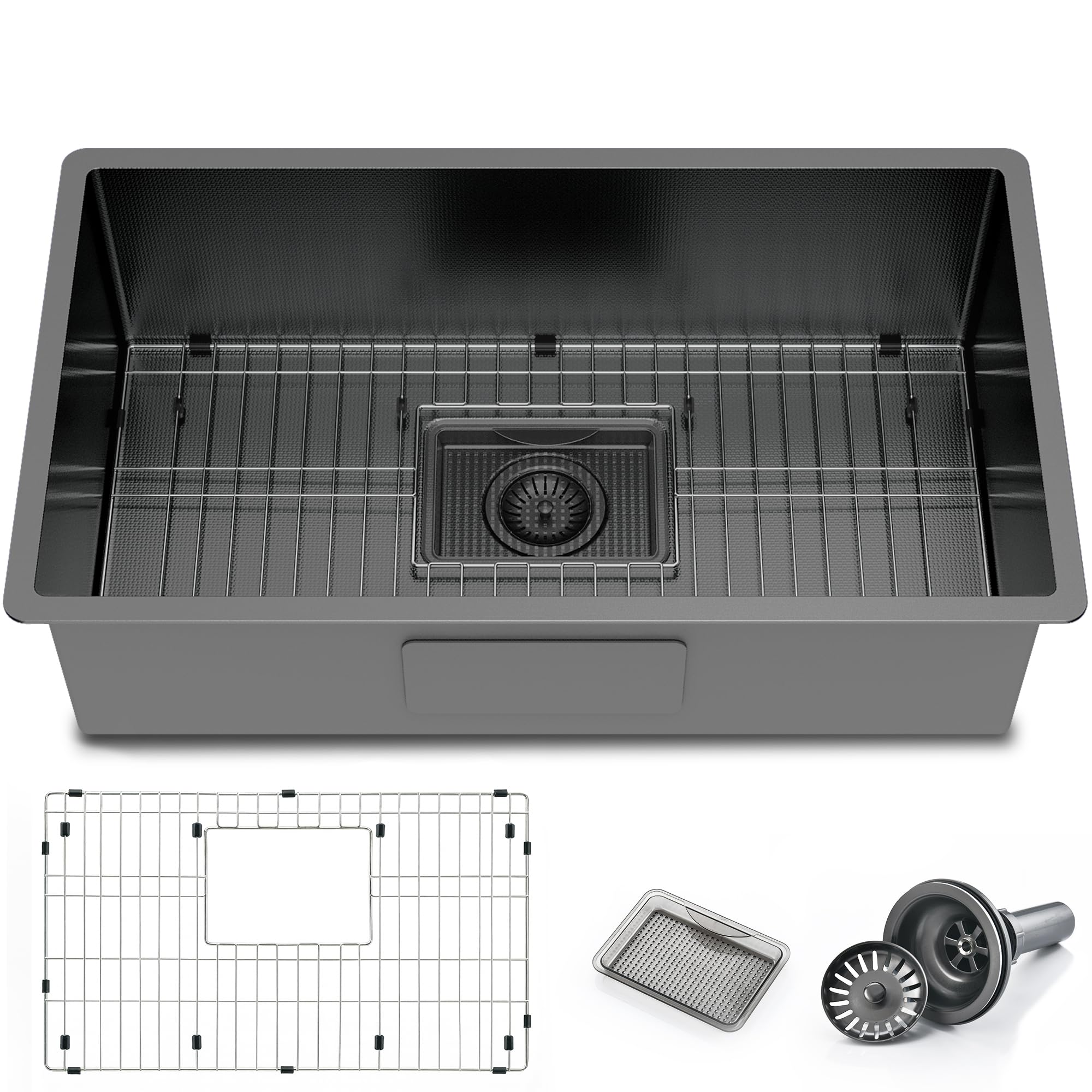 Undermount 71 x 46 cm duży czarny zlew kuchenny ze stali nierdzewnej pojedyncza miska z dolną siatką i montażem odpływowym - nowoczesny design do modernizacji kuchni, łatwa instalacja