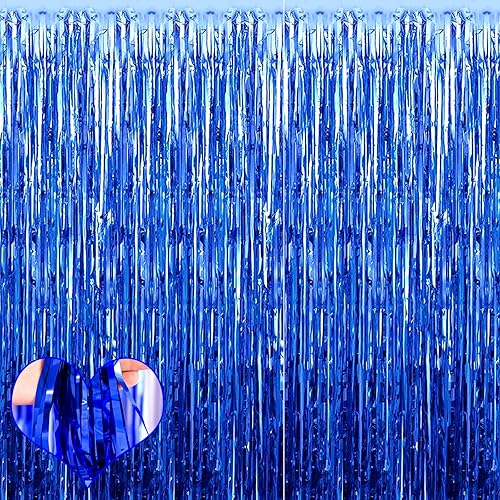 Paquete de 4 cortinas de flecos azules, 3.2 pies x 8.2 pies de papel de oropel metálico, cortinas de fondo para cabina de fotos, cumpleaños, boda,