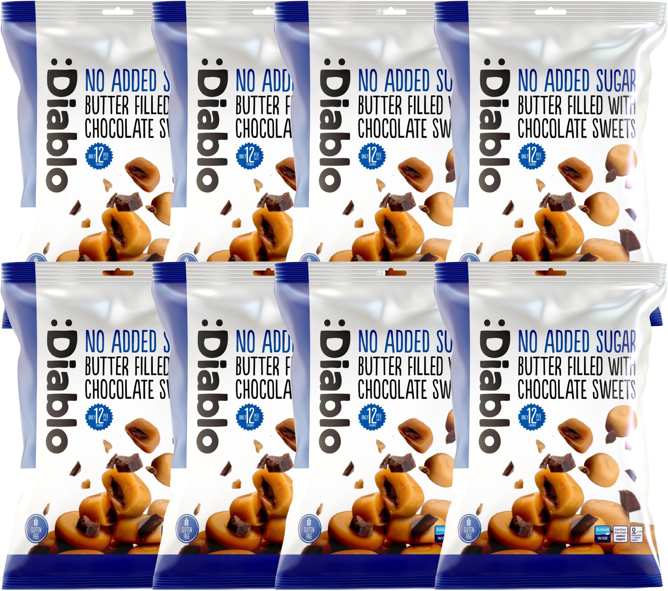 Diablo No Added Sugar Candy - Retro Chocolate Filled Butter Sweets Sweetened with Maltitol, Sugar-Free Treats for All Occasions, Ideal for Gift Boxes, Mother’s Day & Father’s Day – 75g, Pack of 8