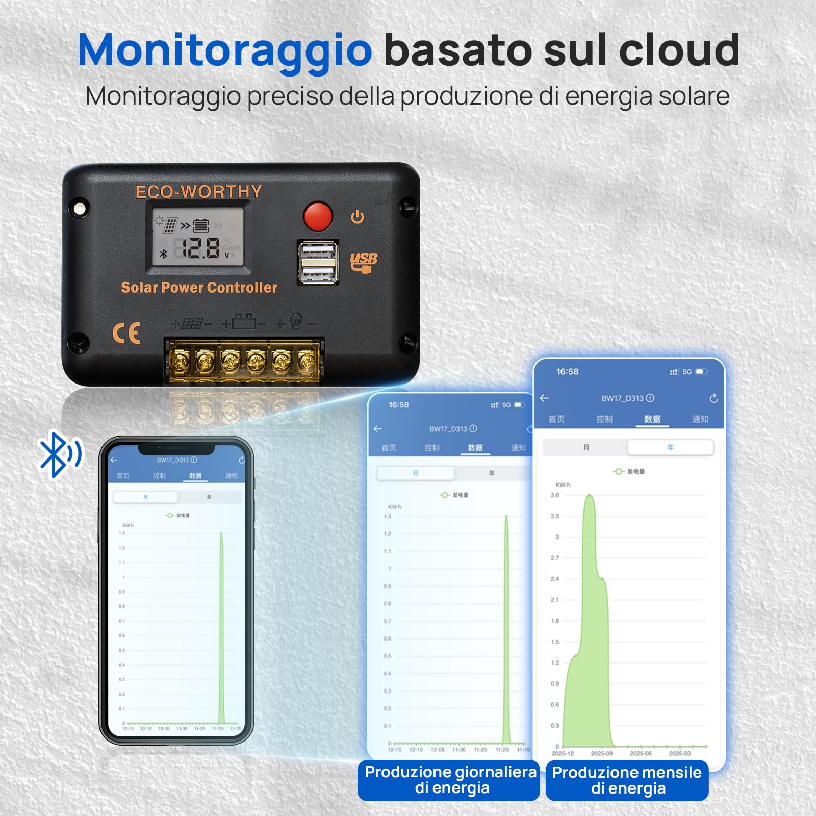 ECO-WORTHY Regolatore di carica pannello solare PWM 30A per Pannelli Solari e Batterie, Regolatore Intelligente con 2 Porte USB, PWM 12/24 V, Adatto per Batterie al litio, al Piombo e al Gel