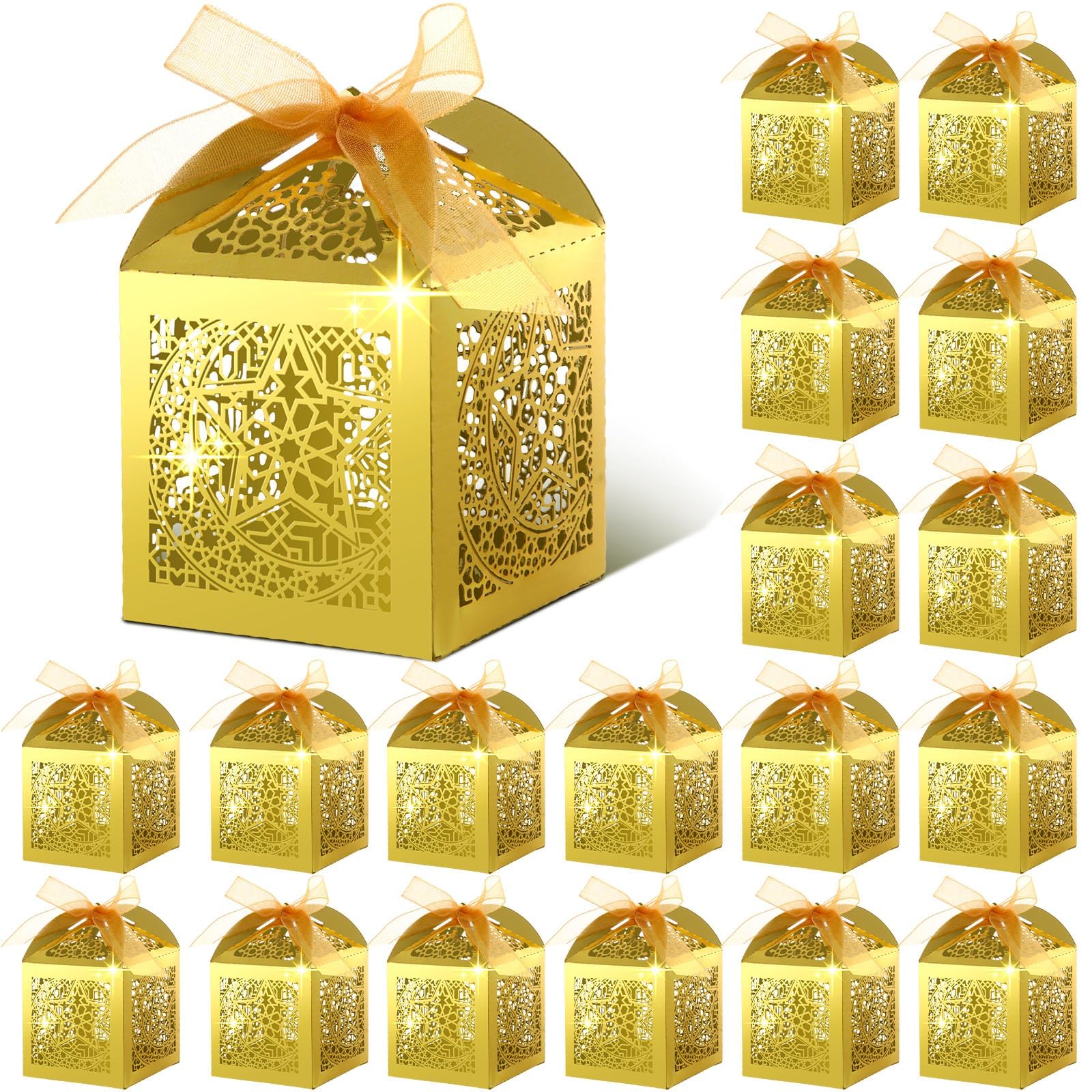 50 Pcs Eid Mubarak Candy Box Set, Ramadan Gift Boxes with Ribbons Muslim Party Favor Boxes Paper Thank You Gift Box Gold Laser Cut Boxes for Eid Islamic Party Birthday Decorations (Star)