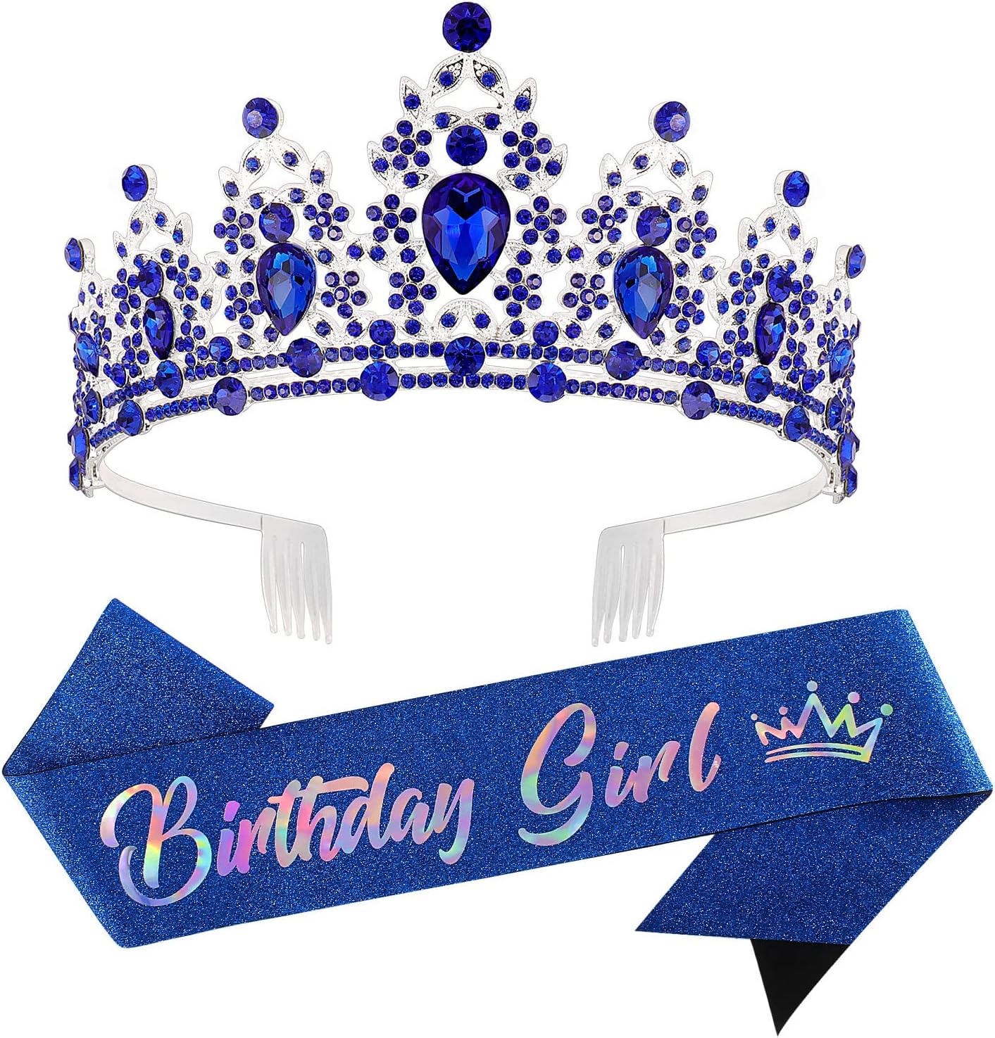 SuPoo Birthday Crown and Sash Kit - Blue Tiara With Rhinestones and Comb, Glitter Sash, Crystal Headband for Women and Girls - Happy Birthday Decorations Hair Accessory