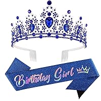 Vista 1 de SuPoo Kit de corona y banda de cumpleaños, tiara azul con diamantes de imitación y peine, banda con purpurina, diadema de cristal para mujeres