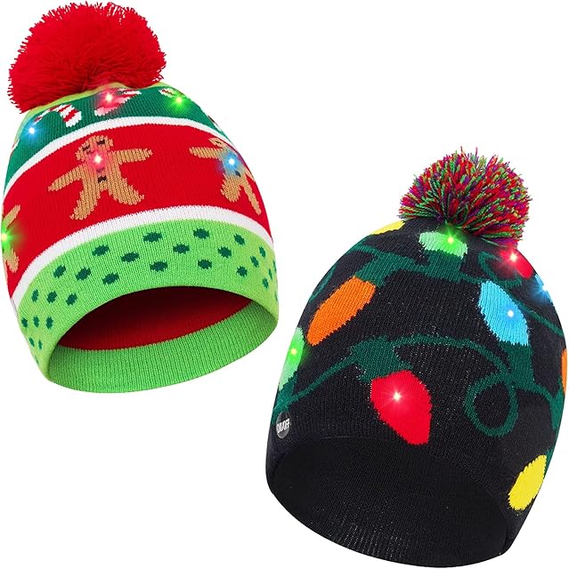 2 Pack Christmas Hats Achort Winter Light-Up Knitted Hat Warm Novelty Xmas Cap 6 LED Lights Colorful Glowing Festival Beanie for Kids Children Unisex Holiday Party Skating Cycling