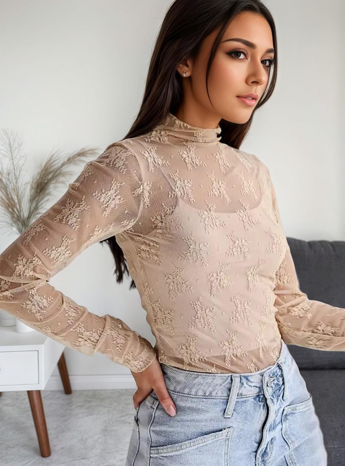 Lace Tops for Women See Through Lace Undershirt Mesh Long Sleeve Blouse Mock Neck Sheer Tops - Image 3