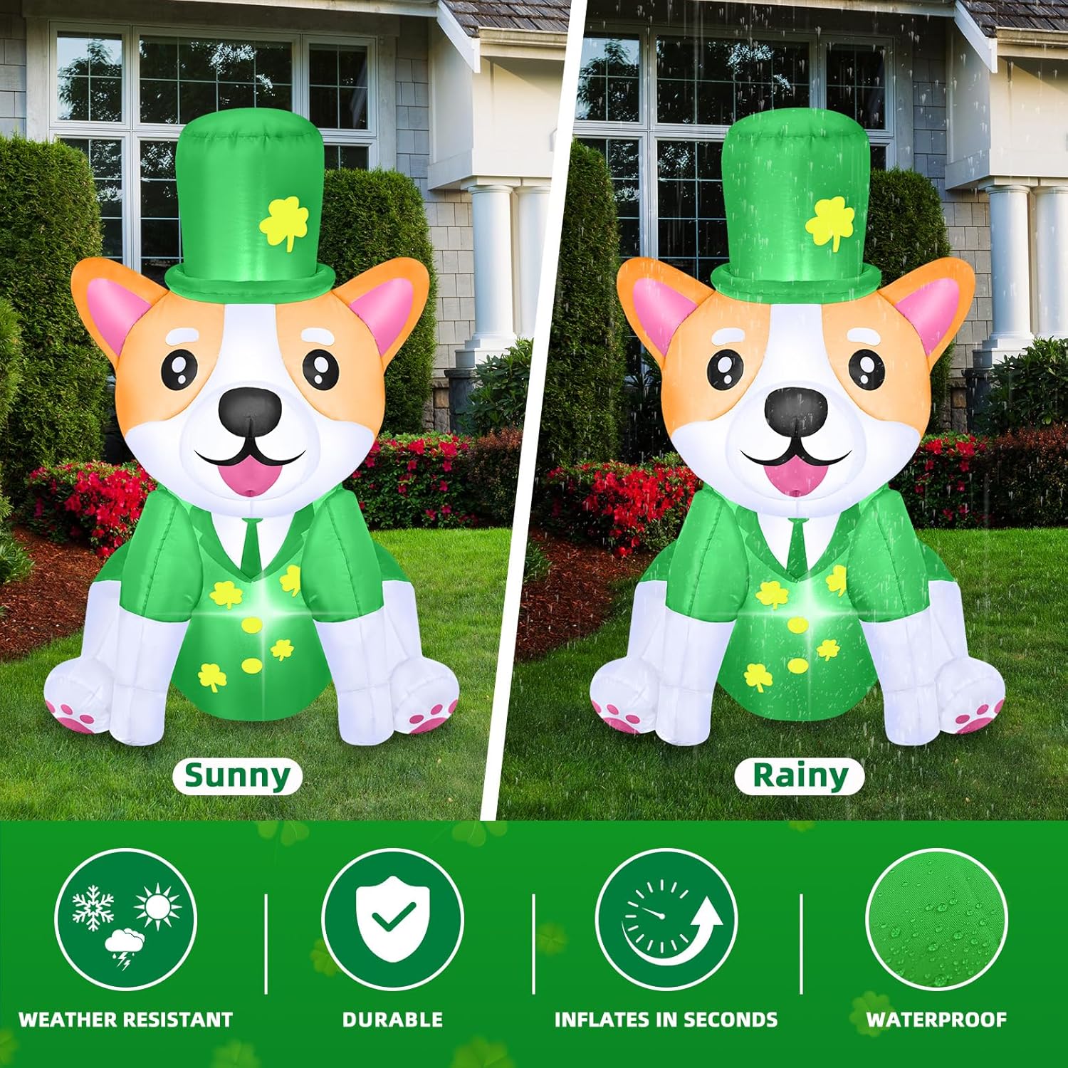 B&D 4FT St Patricks Day Inflatables Corgi Outdoor Decorations, Cute Inflatable Dog Dressed in Green Suit and Top Hat Built-in LED Lights Blow Up Yard Decorations for Holiday Part Indoor Garden Lawn