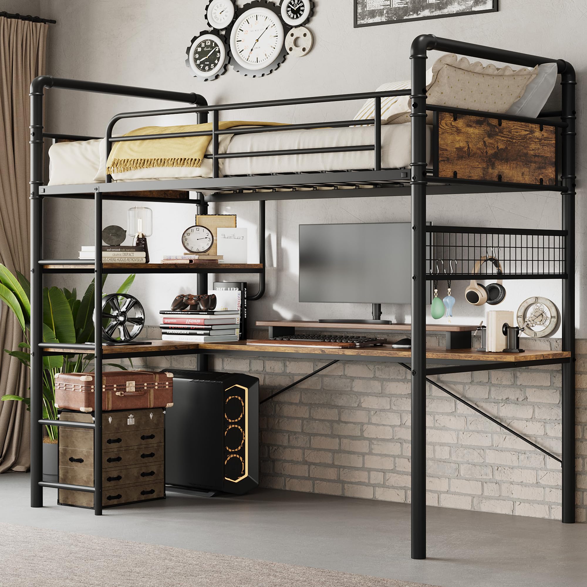 Photo 1 of **MISSING 1 BOX**GarveeHome Loft Bunk Bed with L-Shaped Desk, Twin Loft Bed with Desk Underneath, Metal Bunk Beds with High Guardrail and Ladder for Kids/Teens/Adults, Easy Assembly, Vintage Brown