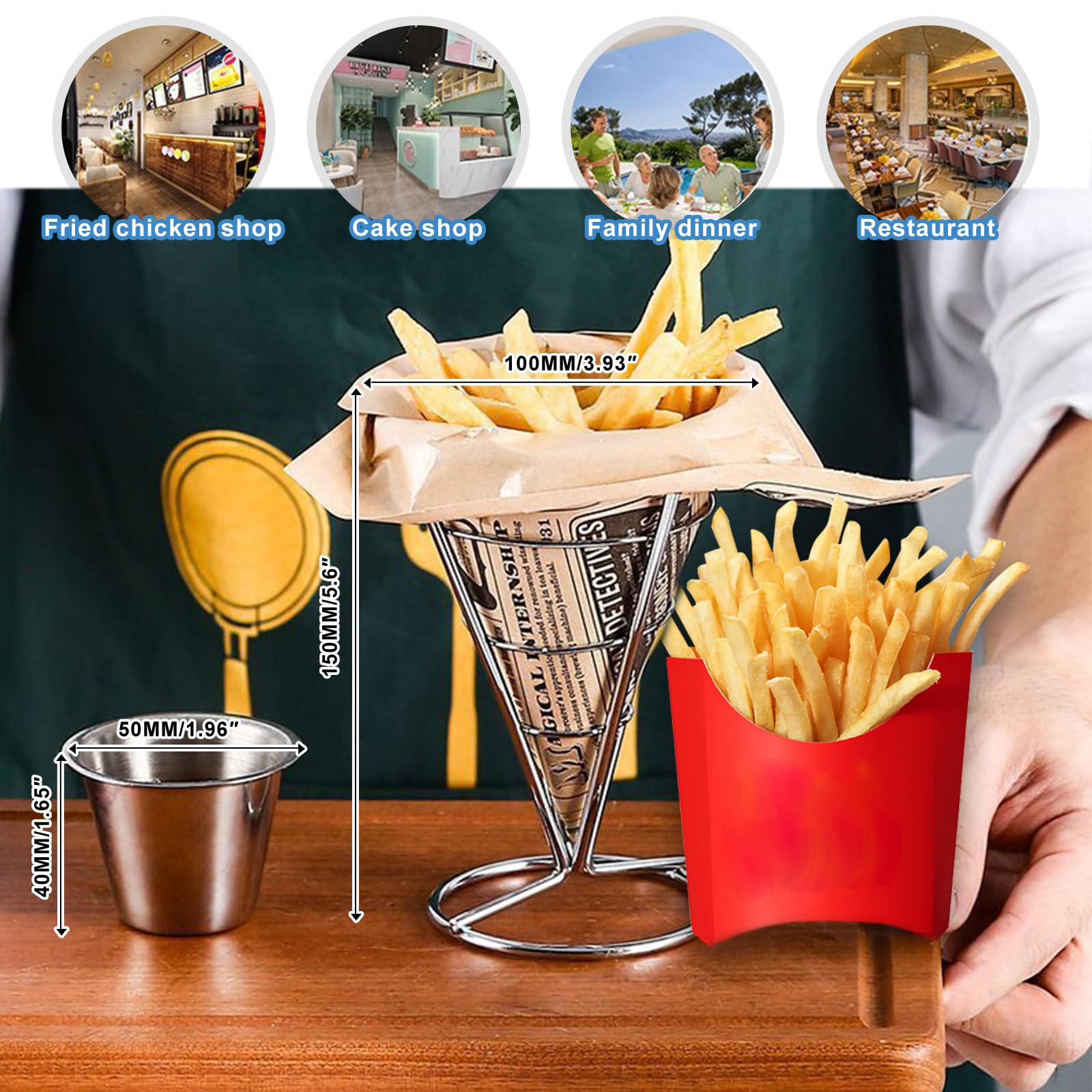 Frittierhalter für Pommes Frites, mit Soßenbecher, Metalldraht, für Speisen, Eiscreme, Buffet, Abendessen, Partys, 4 Stück