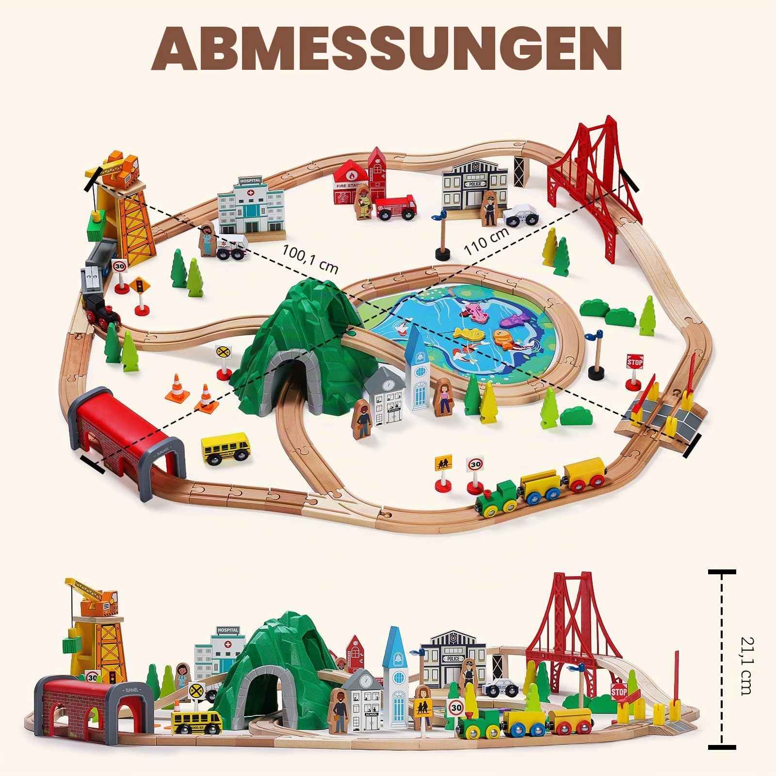 SainSmart Jr. Holzeisenbahn Set 112 Teile, Großes City Zugset mit Brücke, Tunnel, Kompatibel mit Brio, Thomas & Melissa & Doug, Geschenk für Kinder ab 3 Jahren