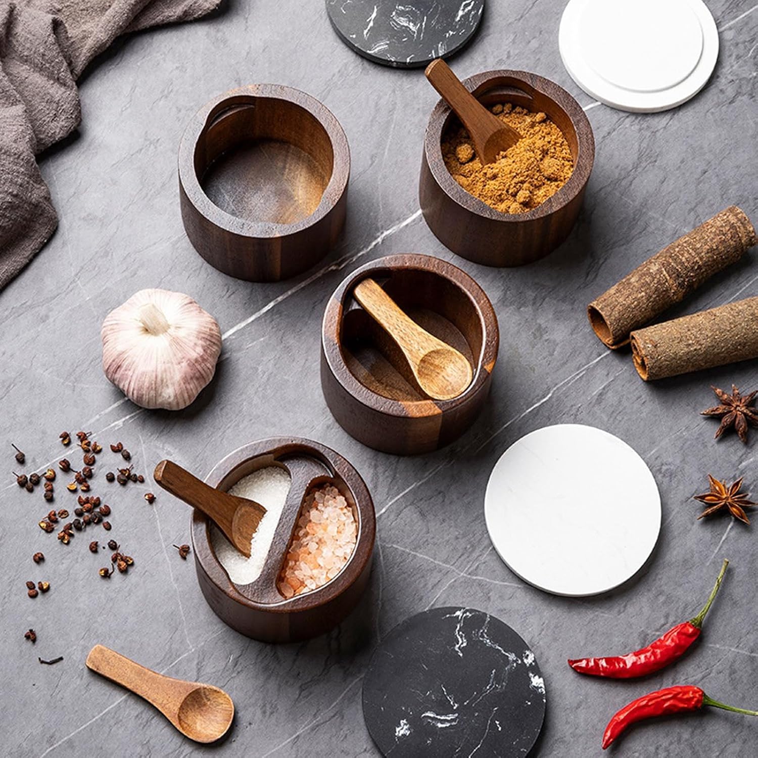 Stylish Wooden Seasoning Jar Featuring Marble Cover and Attached Spoon for Cooking Wooden Salt Jar with Spoon Portable Seasoning with