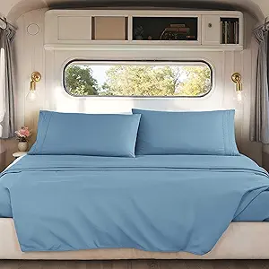 Nestl Blue Heaven Short Queen Sheets for RV, Hotel Luxury RV Queen Sheets Set, 4 Piece Fitted Bed Sheet Set and Pillowcases, Super Soft, Wrinkle-Free, and Breathable Camper Bedding