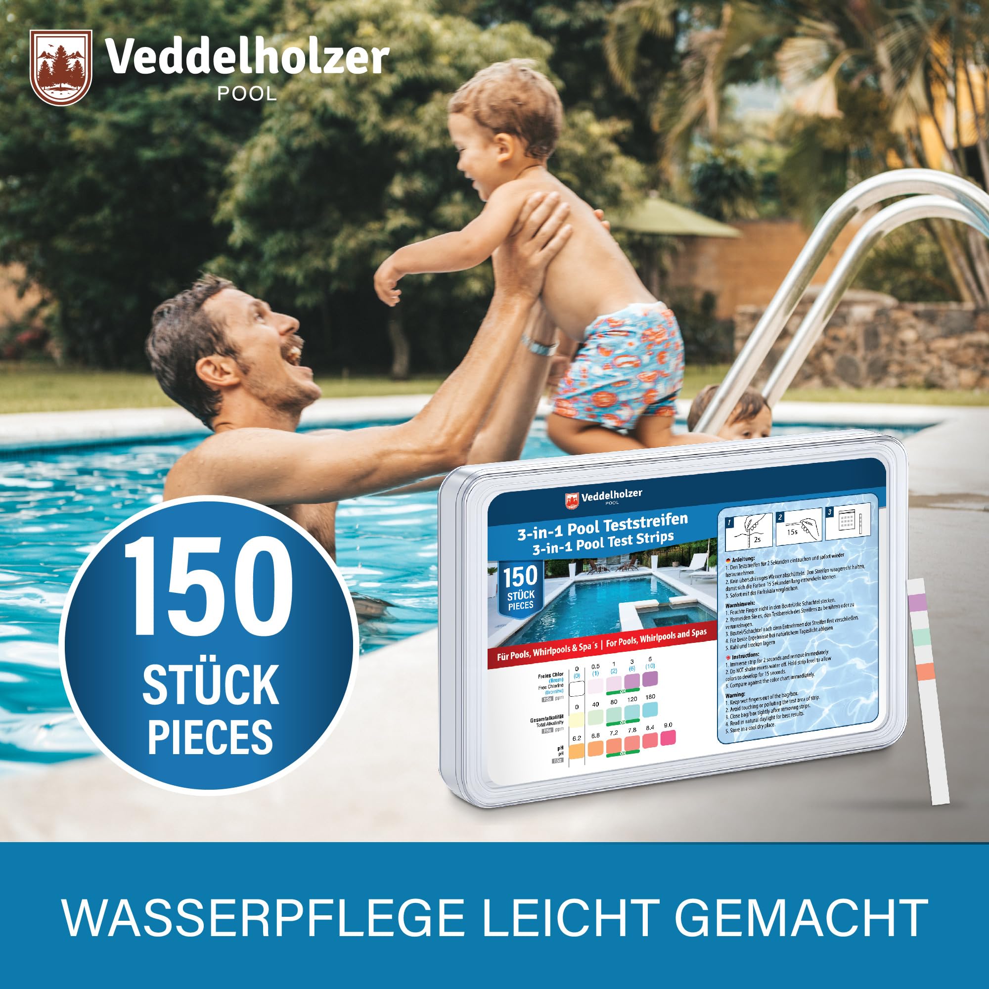 Paski testowe 3 w 1 do basenów Veddelholzer (150 sztuk) – pomiar pH, wolnego chloru i zasadowości – szybka analiza wody w basenach, wannach z hydromasażem i spa