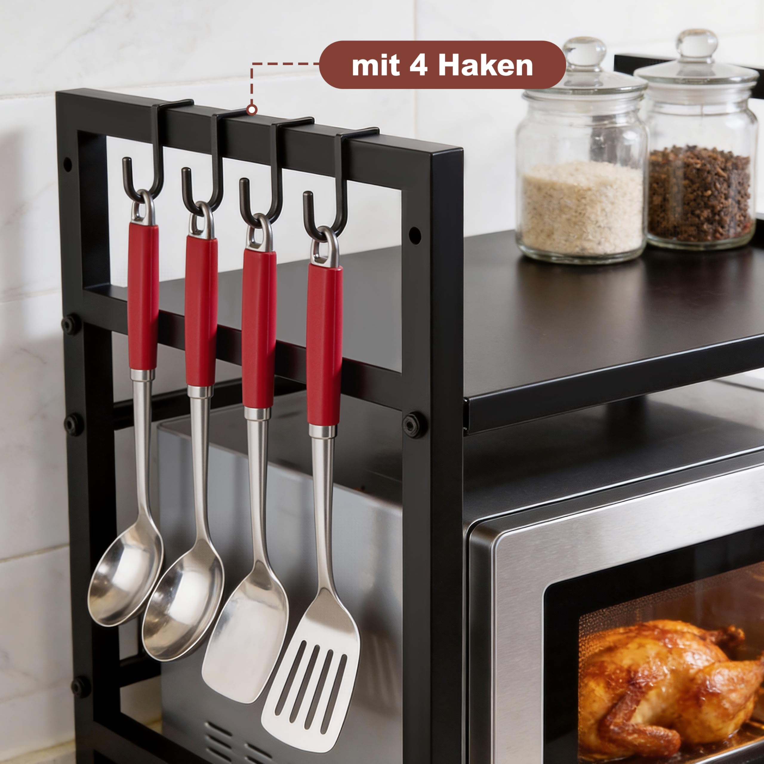 Ribelli Erweiterbares Mikrowellenregal 2 Stufig, Küchenregal Stehend Stahl, Mikrowellen Regal mit 3 Haken, Mikrowellenständer für Arbeitsplatte, Vorratsregal Bäckerregal, Schwarz