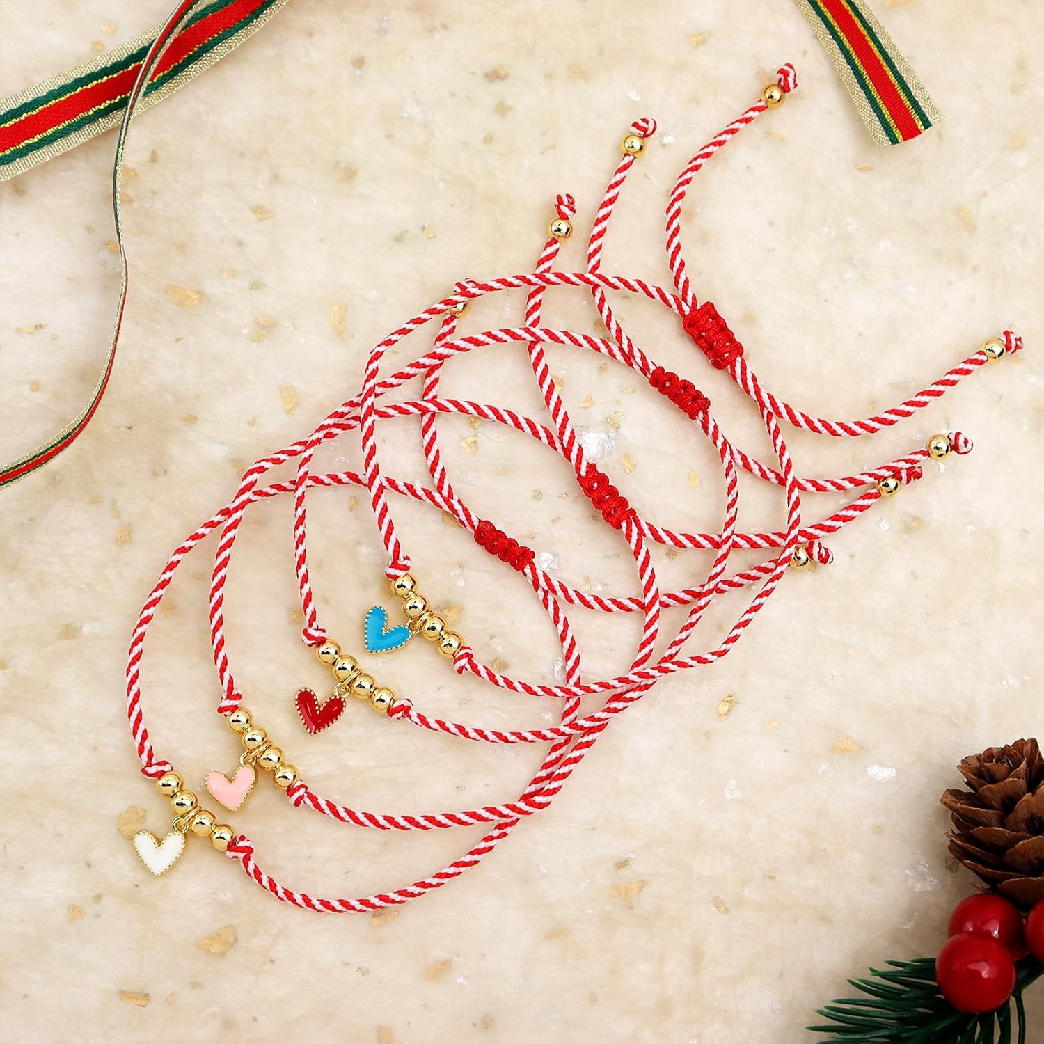 Valentines Day Gold Beaded Heart Charm Bracelet for Women, Handmade Red Braided String Protection Bracelet Adjustable Friendship Bracelet Holiday Jewelry Gifts. - Image 7