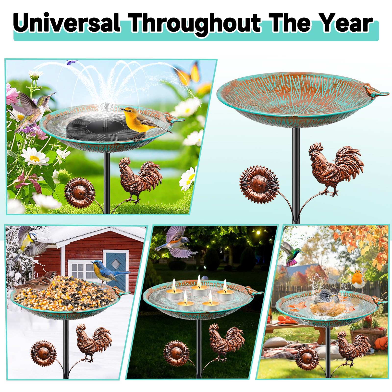 Metall-Vogeltränke für den Außenbereich, Vintage-Vogeltränke mit Abnehmbarer Futterwanne, leicht zu reinigender Vogelfuttertrichter für den Garten Hof und Rasen als Dekoration (Retro Cyan)