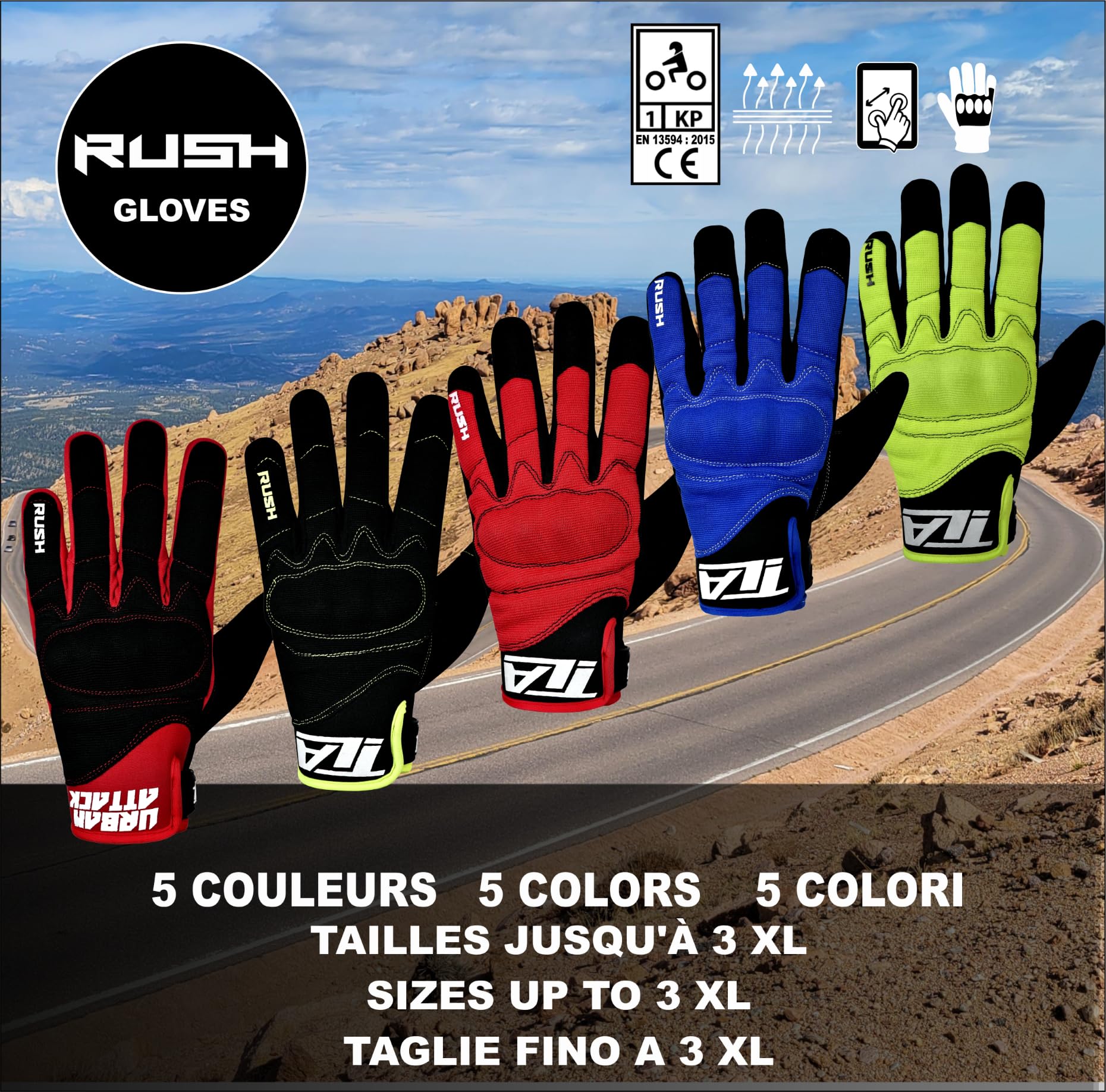 TLA RUSH Guanti moto turismo con protezioni nocche omologati CE, Guanti da motocross, scooter,quad, bici, touchscreen, traspiranti, mezza stagione, alta protezione all'impatto.