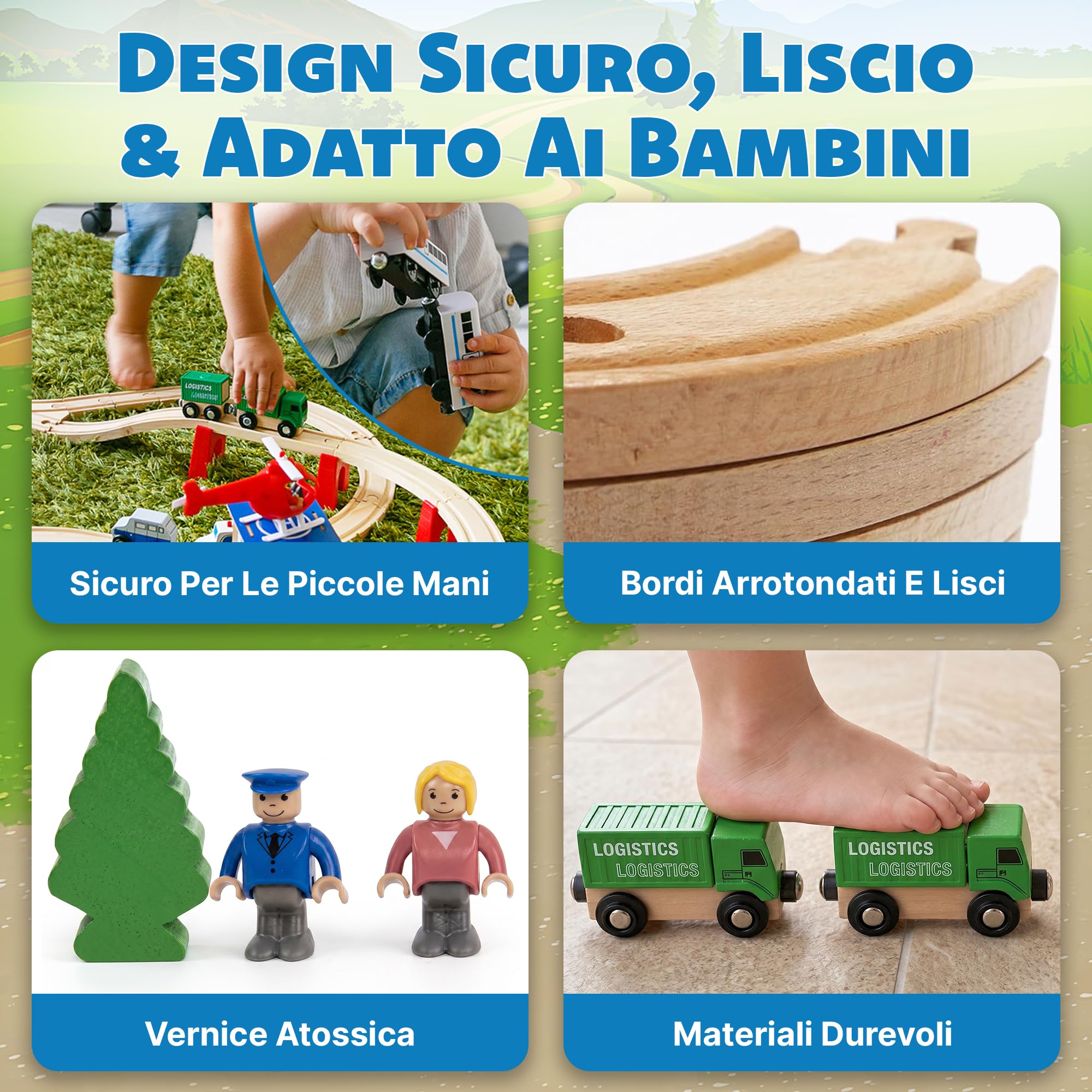 Green Series Pista Treno in Legno con Treno a Batteria – Set Stazione di Polizia 80 Pezzi – Compatibile con IKEA – Per Bambini 3+ – Tracciato 100x67 cm, 378 cm