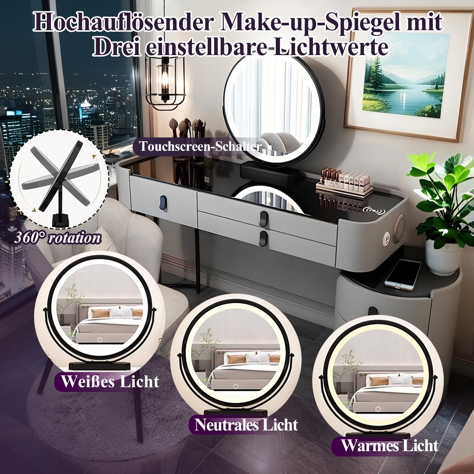 Kosmetiktisch mit Spiegel und Licht Schminktisch mit 6 Schubladen Massivholz Frisiertisch mit Stuhl, Schminktisch mit Bluetooth -Lautsprecher und Drahtloses Laden (Grau mit gehärtetem Glas A, 100CM)