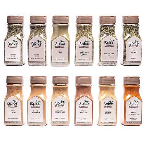 iSpice Juego de especias con especias incluidas orégano, hojas de albahaca, romero, hojas de tomillo, salvia molida, pimienta de perejil de cayena,