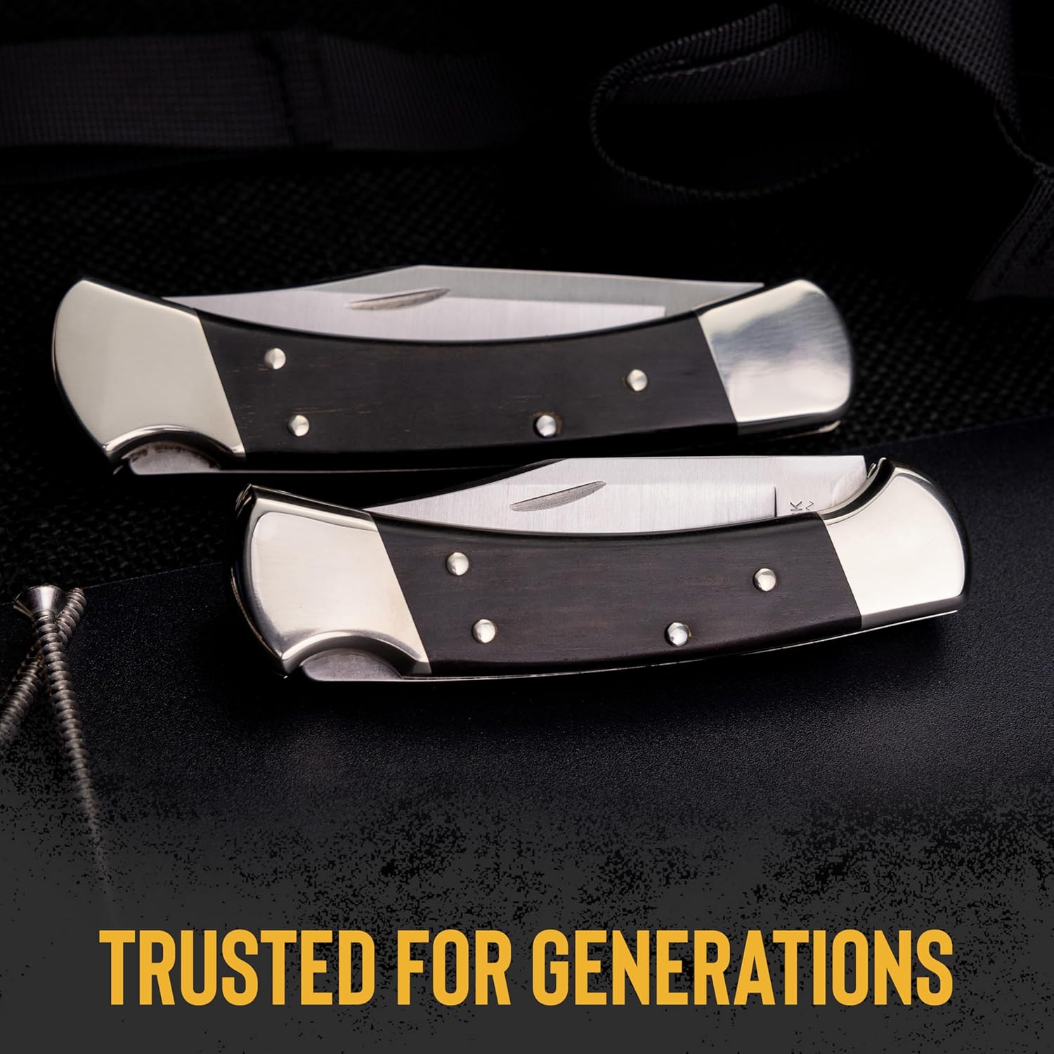 Buck Knives 112 Ranger Hunting Knife, 3" Blade, Lockback Design, Ebony Handle, Silver Bolsters, 420HC Stainless Steel Clip Point Blade, Sheath Included, Folding Knife Made in the USA, 6.05 oz