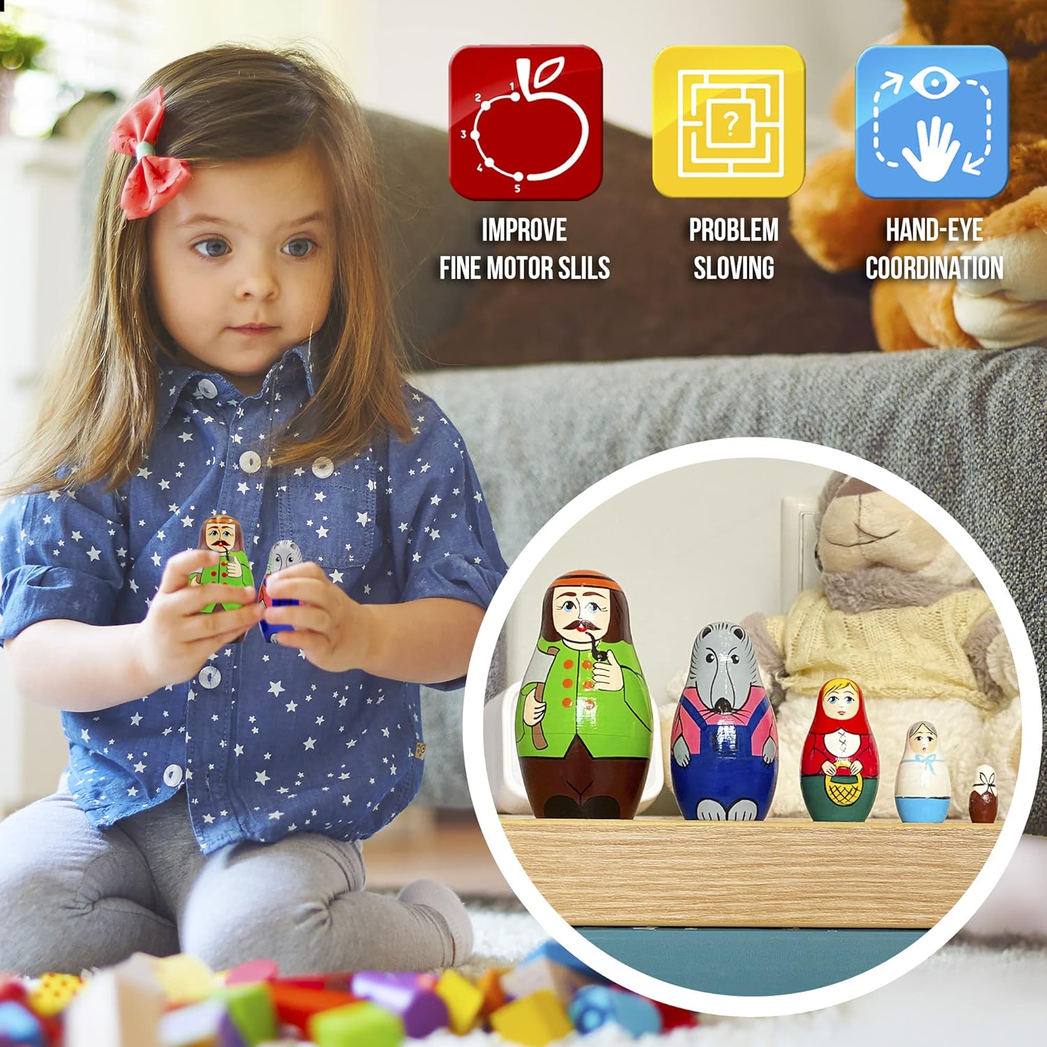 AEVVV Fairy Tale Little Red Riding Hood Wooden Nesting Dolls Set 5 pcs - Handmade Russian Wooden Matryoshka