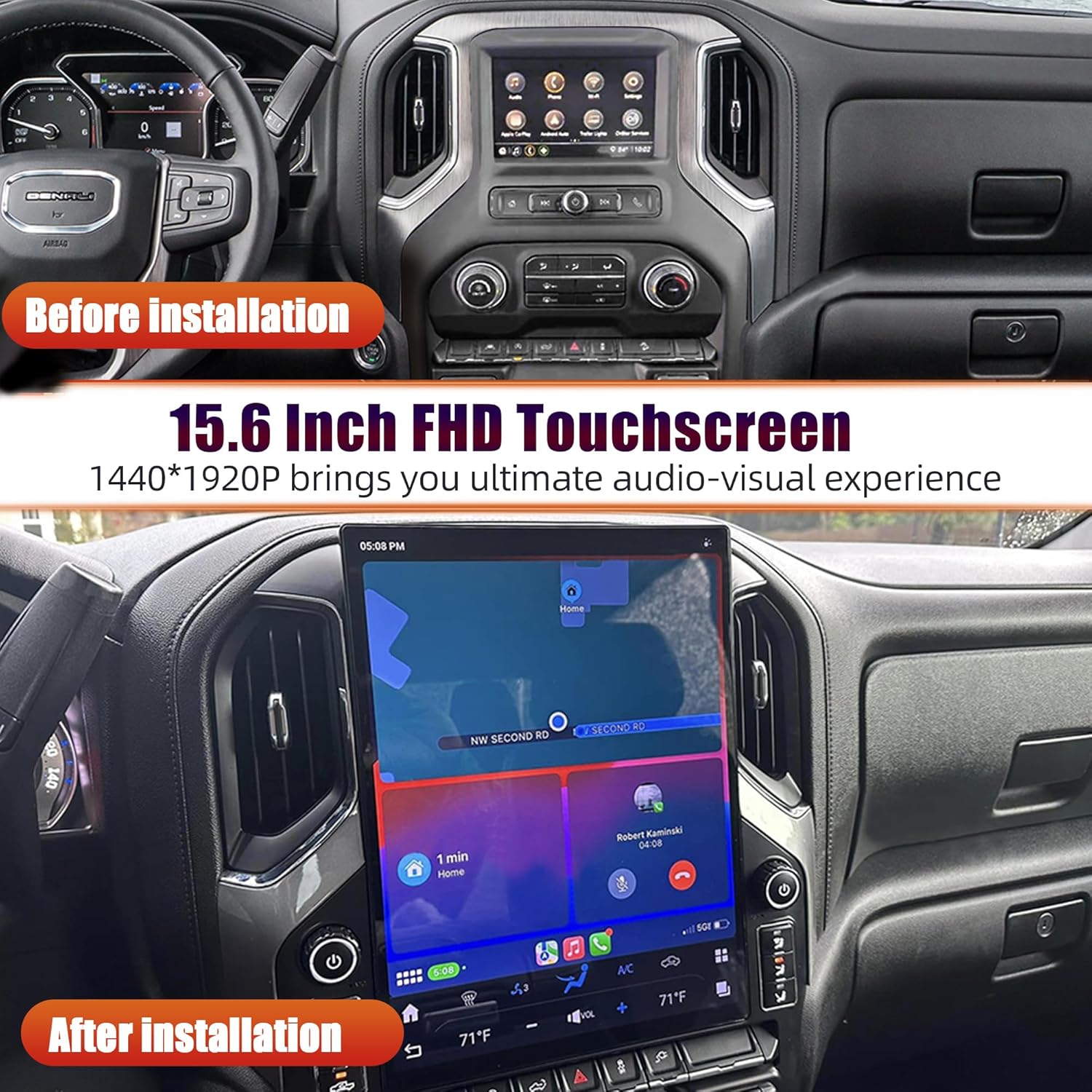 Before and after installation view of the car dashboard with the new head unit