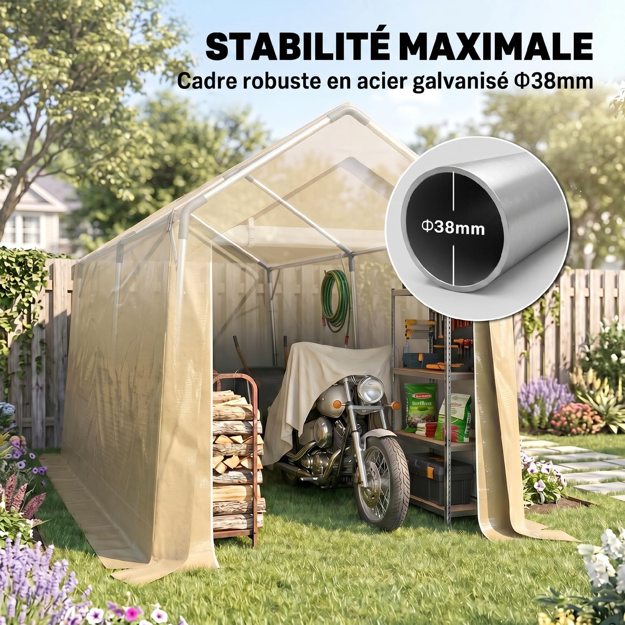 Outsunny Abri de Jardin, Tente de Stockage, 2 x 3,6 m, bâche PE 200 g/m² imperméable et Anti-UV, Cadre en Acier galvanisé et Grande Porte, abri de vélo Garage pour extérieur, Beige