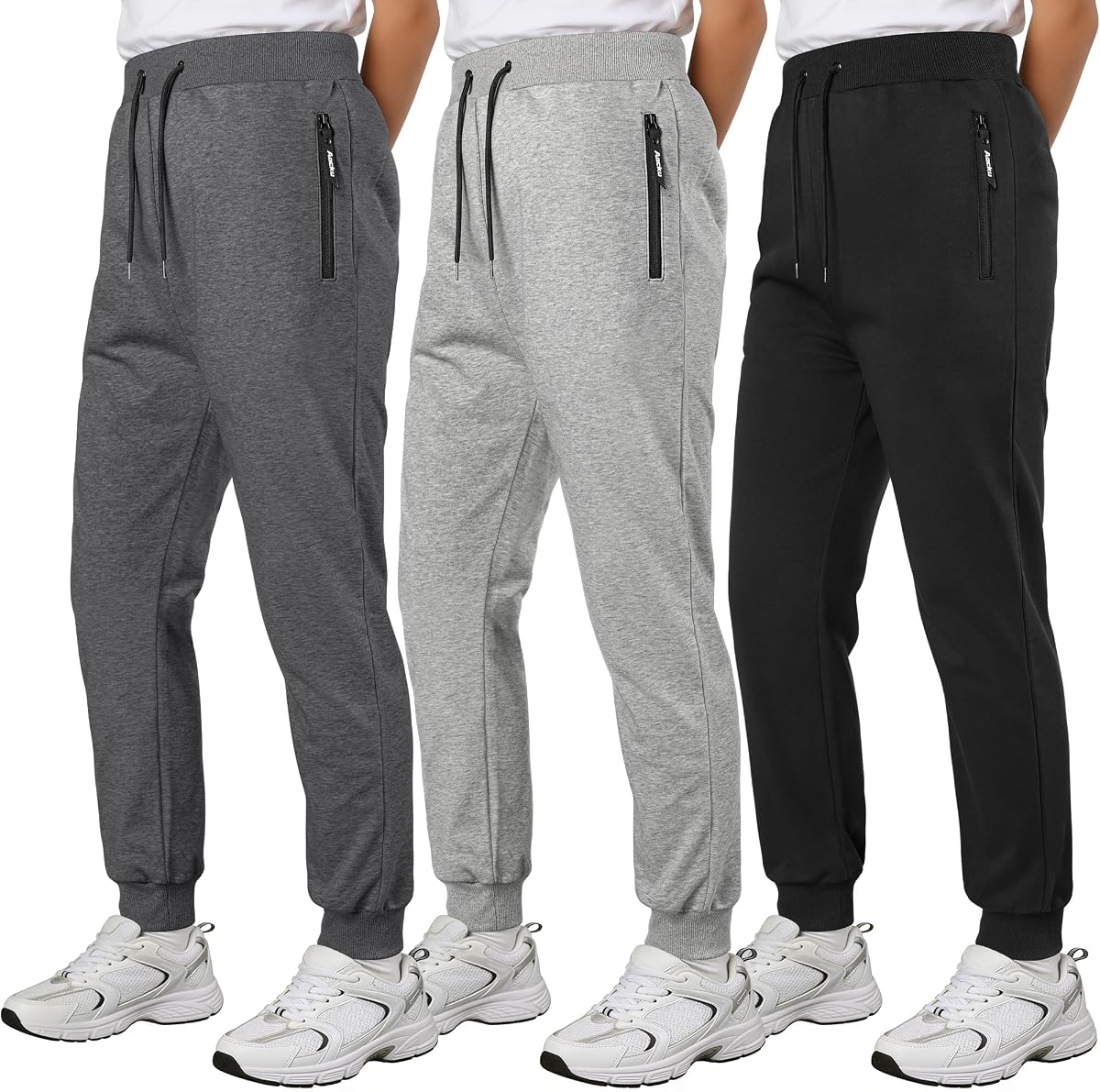 3 Pack Boys Sweatpants Cotton Pants for Youth Athletic Joggers - Zip Pocket | Boys Pants for 5-16Y, Soft & Breathable & Skin-friendly & Stretchy, Well-Fitted, Great for Kids' School & Sport, Smooth Zip