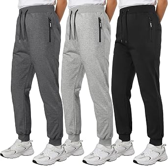 3 Pack Boys Sweatpants Cotton Boys Pants Athletic Joggers for Kids Teens Youth with Zip Pockets Drawstring