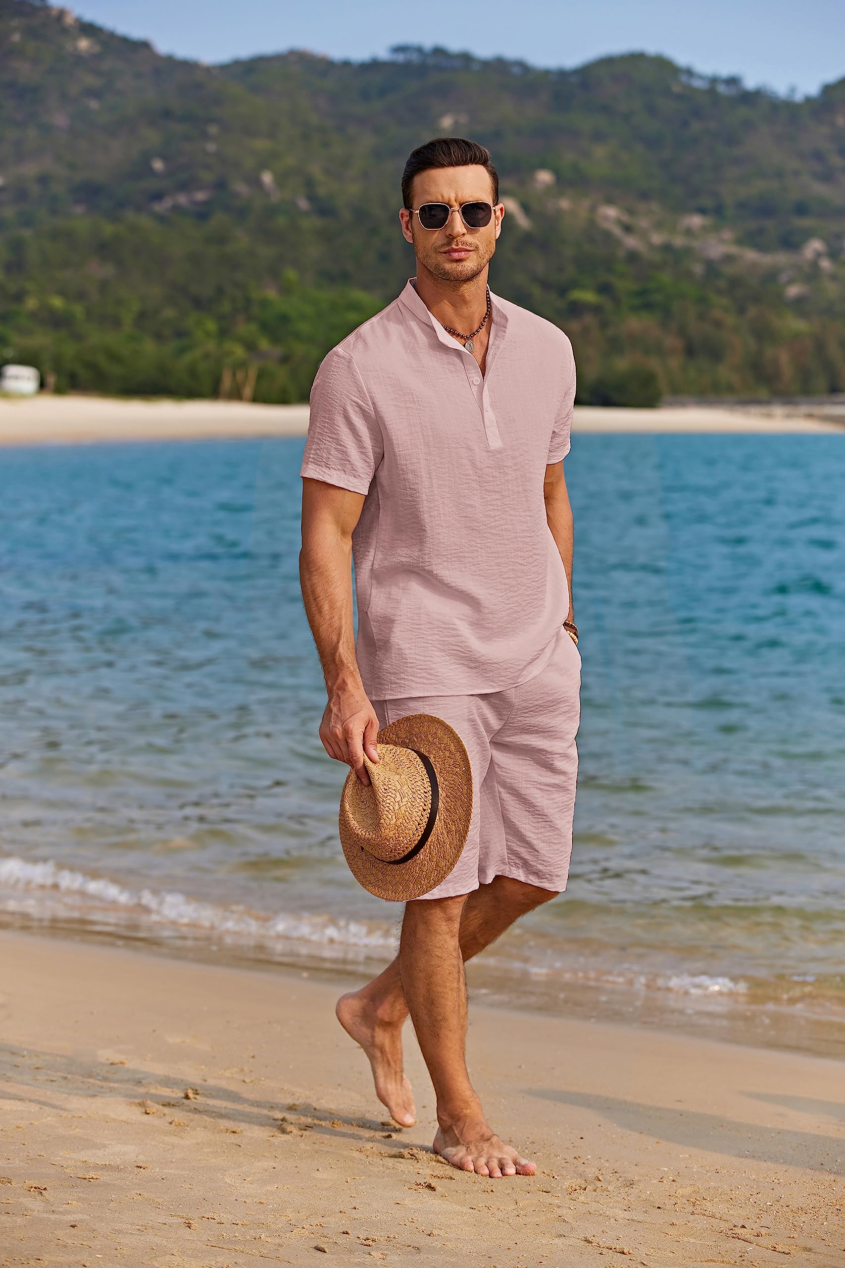 COOFANDY Set di 2 pezzi da uomo in lino casual Henley camicie a maniche corte da spiaggia pantaloncini da yoga pantaloni estivi | Chiusura con bottoni, spiaggia, estate, leggero, traspirante, coulisse regolabile