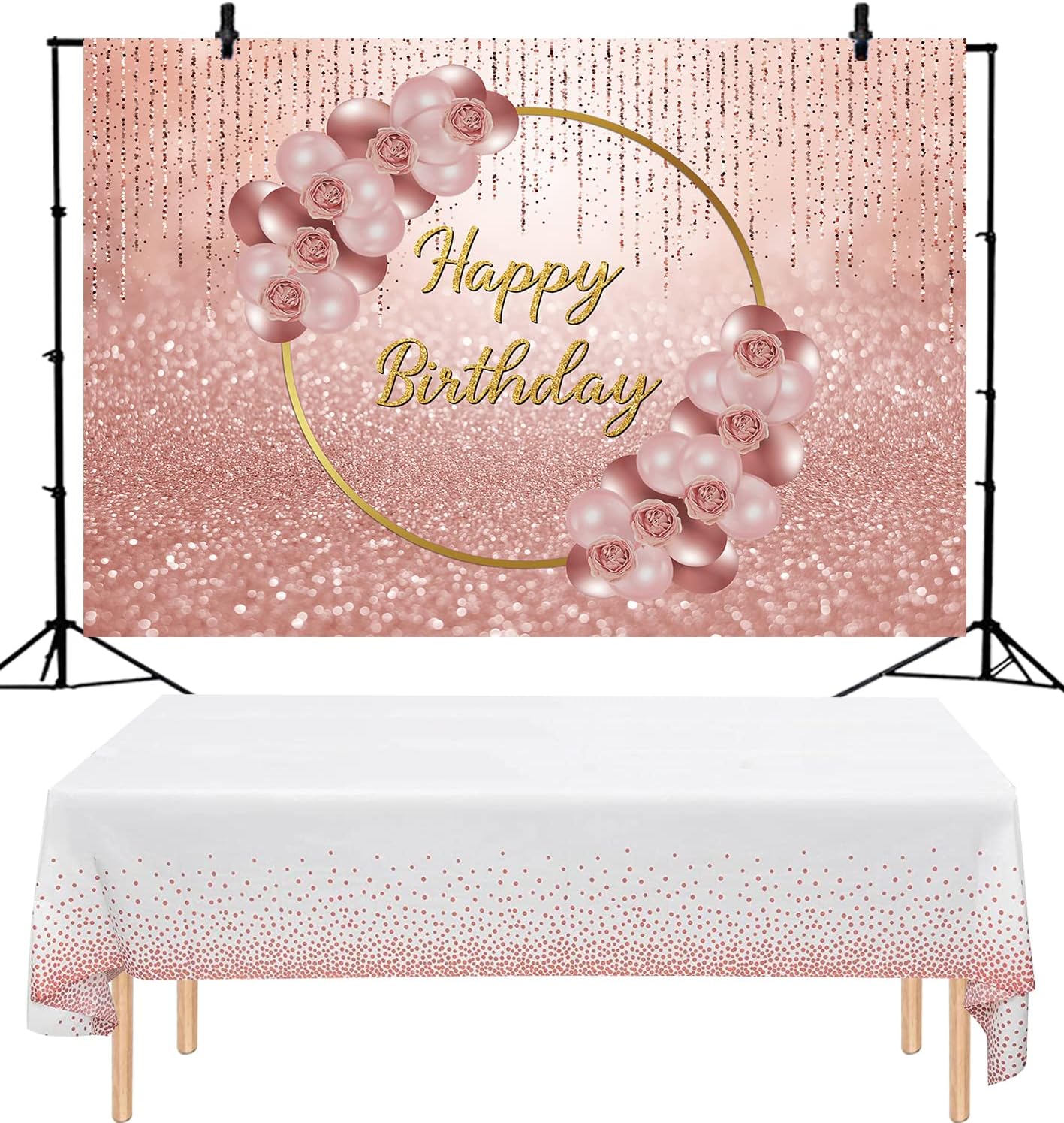 Rose Gold Happy Birthday Backdrop and Pink Rose Gold Tablecloth 2 Pieces, Glitter Sweet Princess Girls Birthday Party Background Dessert Cake Table Decoration Prop (5x3 ft)