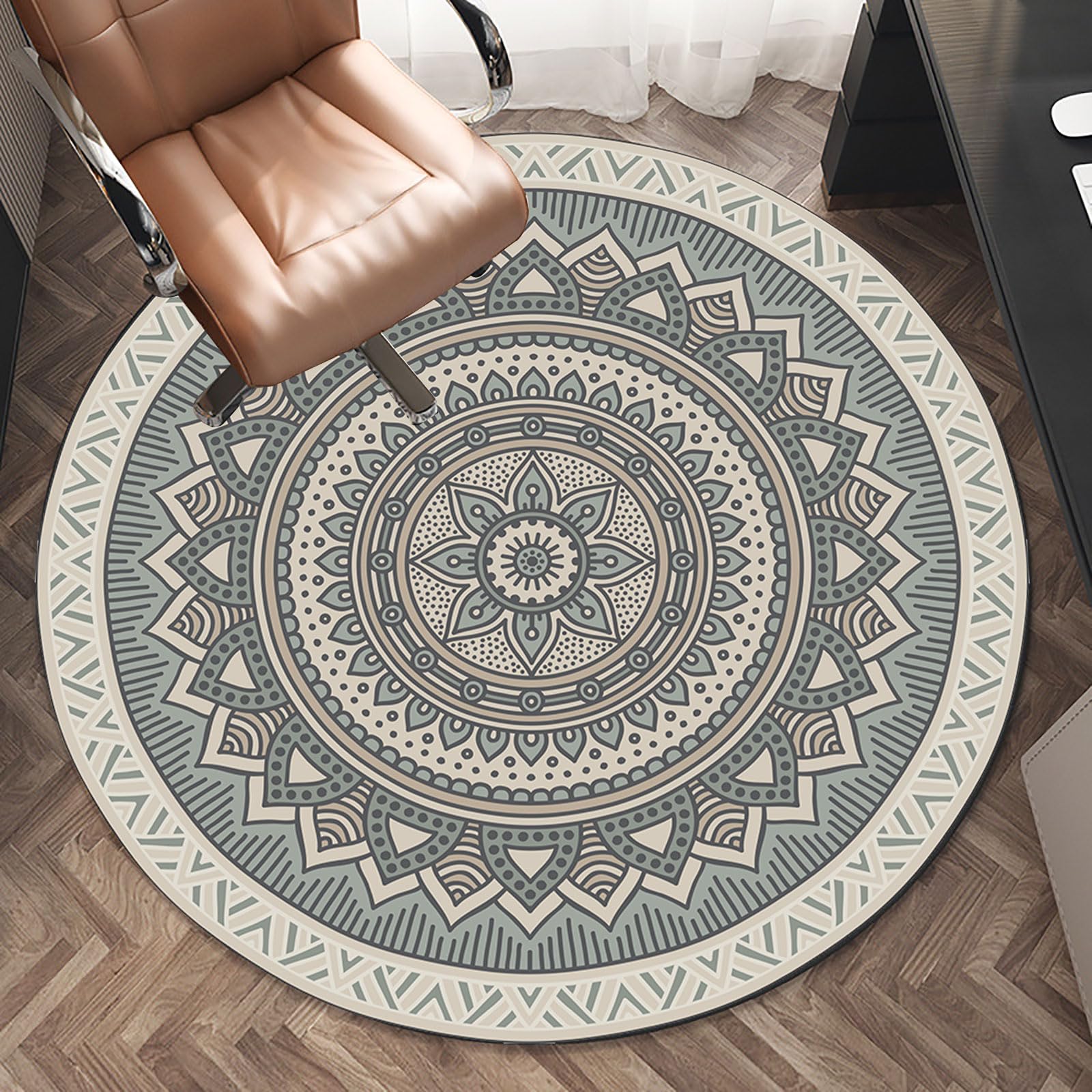 Teppich Rund Wohnzimmer Schlafzimmer Esszimmer, Kurzflor, rutschfest ø 170cm Retro Florale Graue Striche Auf Graublauer Basis