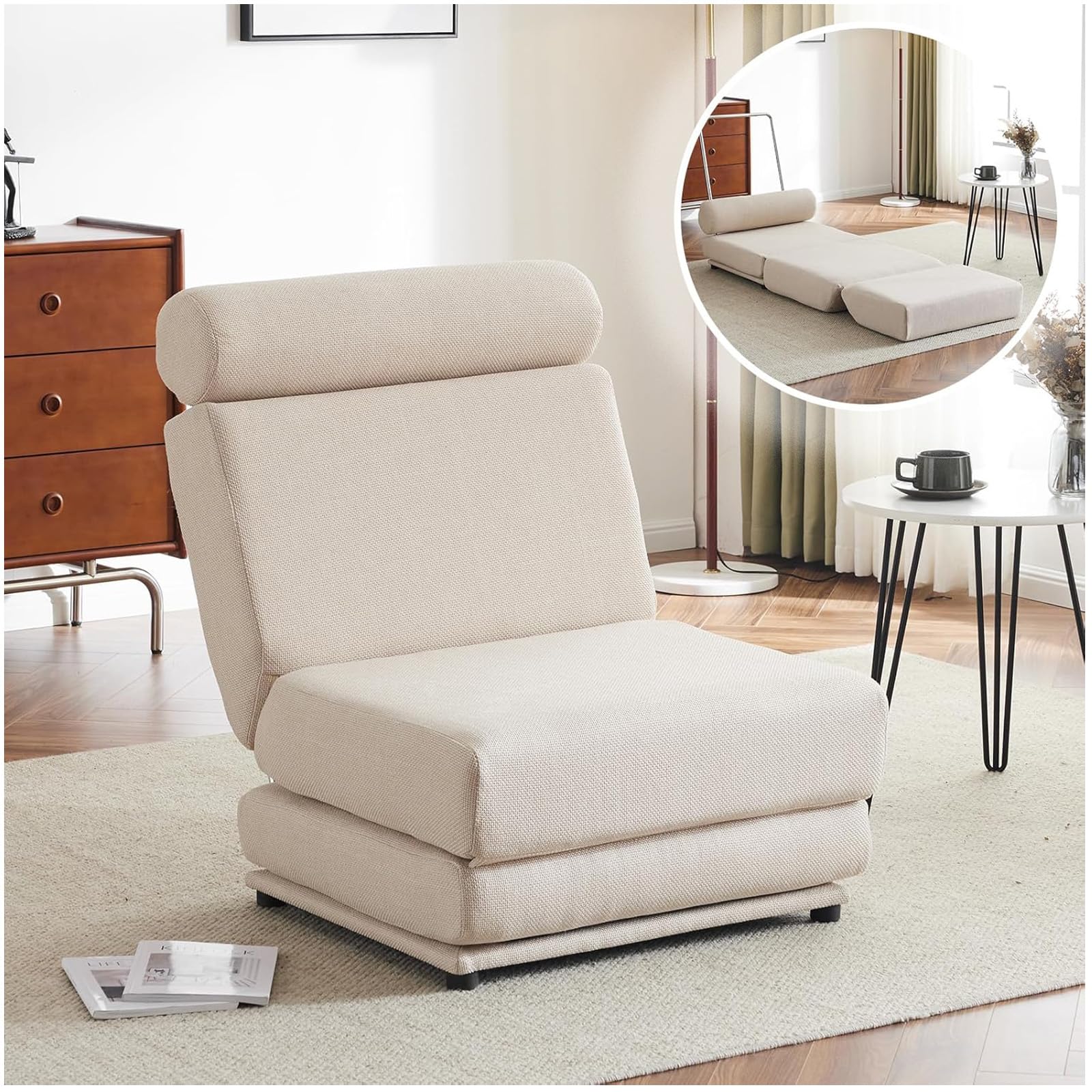 Convertible Sleeper Chair, Chair Bed Sleeper with Pillow, Linen Fabric Floor & Futon Chair Bed for Living Room/Dorm/Guest Use/Apartment (White)