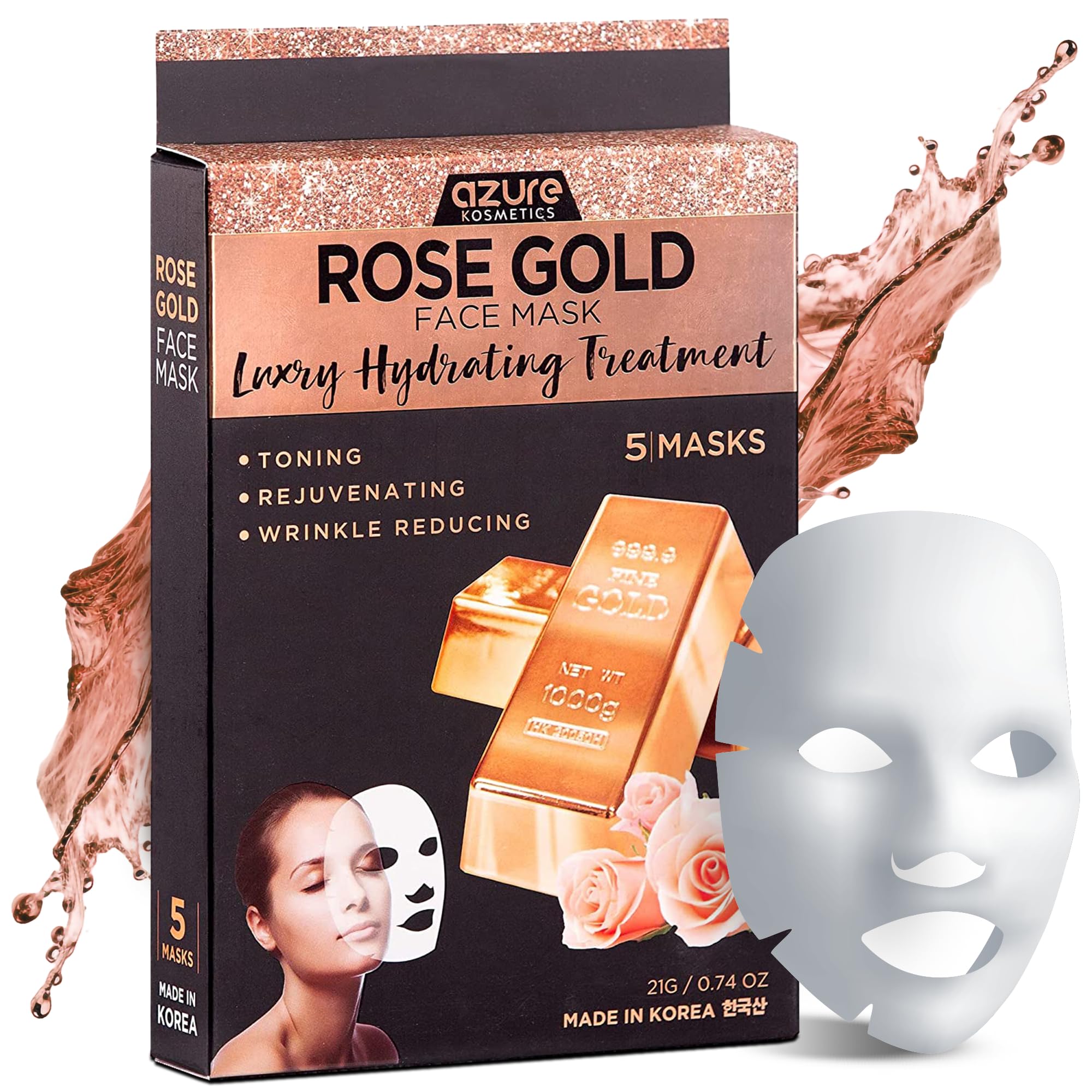 Azure Cosmetics Rose Gold Luxury Hydrating Facial Sheet Mask - Firming, Lifting & Deeply Moisturizing - Helps Reduce Fine Lines & Wrinkles, Signs of Aging & Dry Patches - Made in Korea - Pack of 5