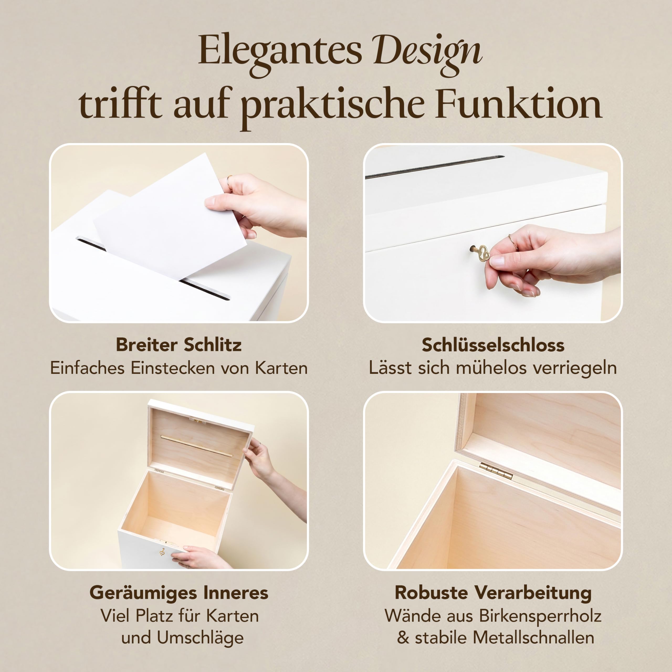 Creative Deco Weiße Holzkiste mit Deckel Kartenbox Hochzeit | 29x25x30 cm | Geldgeschenke Holzbox mit Schlitz, Schloss und Schlüssel Geschenkkarten Box Geldbox Briefbox Kasten | Lagerung Spendenbox