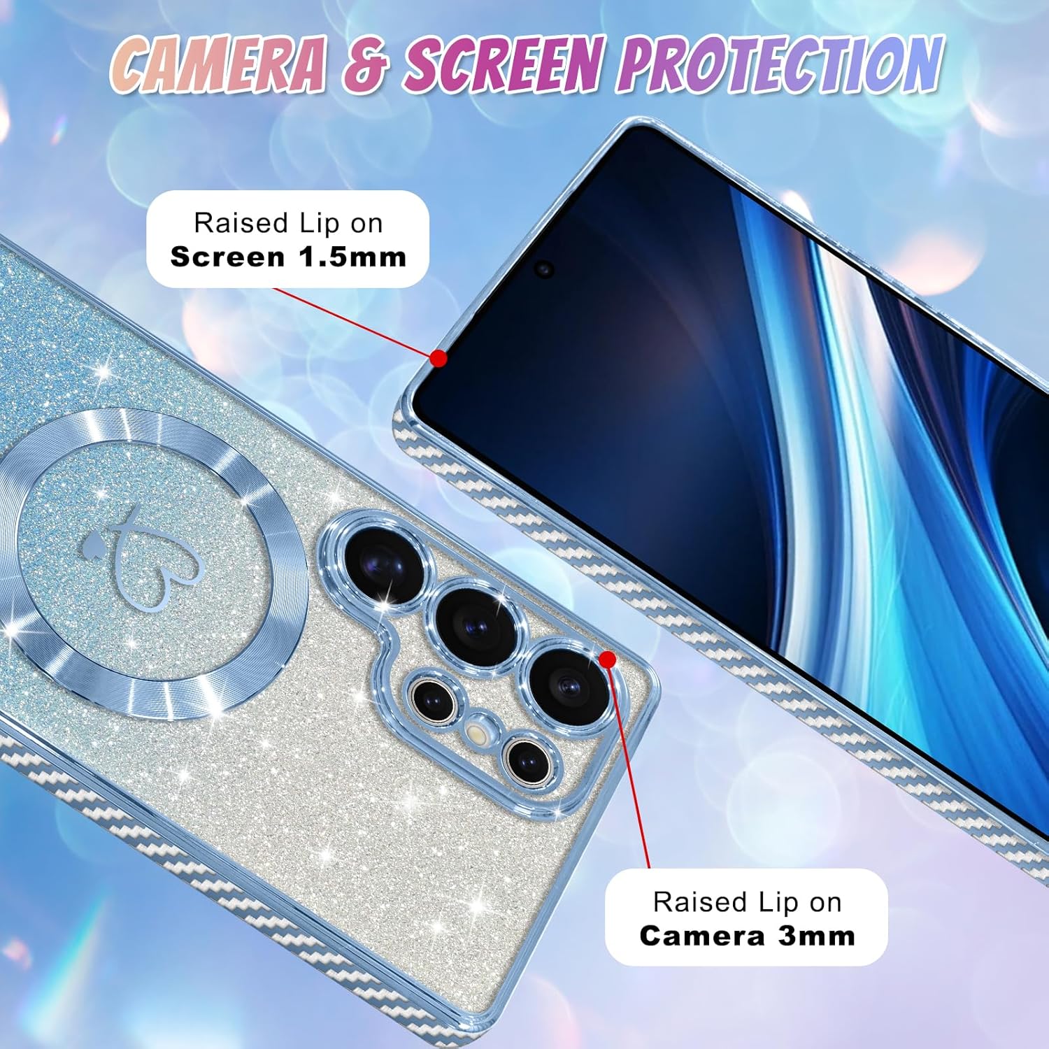Bonoma Compatible with Samsung Galaxy S25 Ultra Case Support for MagSafe, Plating Heart Glitter Magnetic Case TPU Camera Protection Back Cover for Phone Case -Blue - Image 4