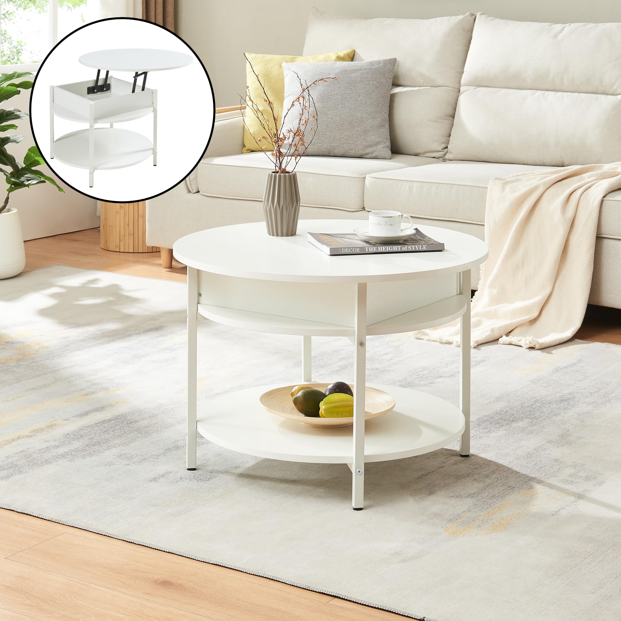 [en.casa] Couchtisch mit Hebeplatte rund Kandas Wohnzimmertisch mit Stauraum Ø70 x 49 cm Kleiner Tisch erhöhbar mit Metallgestell in Weiß