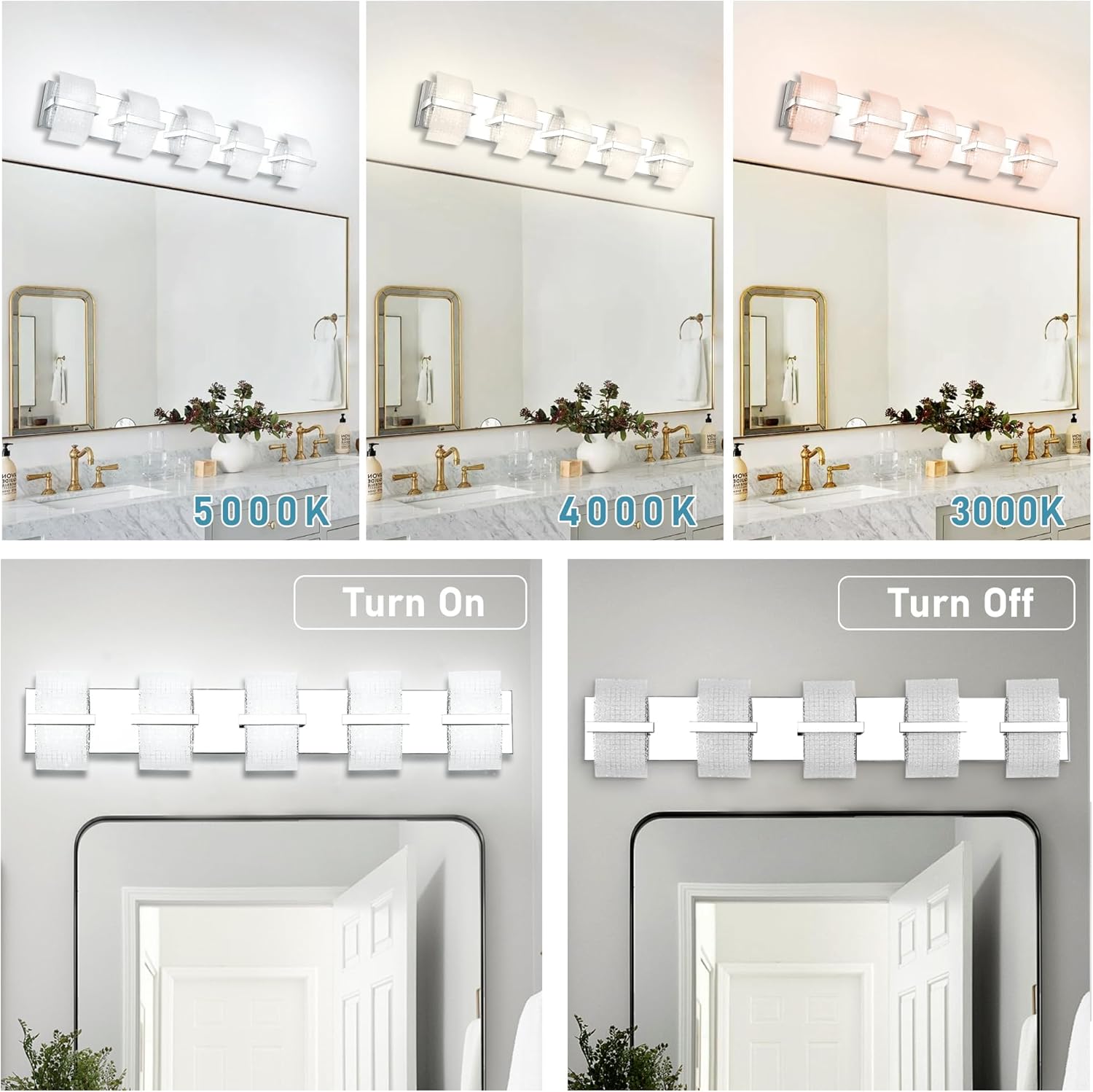 Bathroom Vanity Lights Over Mirror Crystal Chrome Bathroom Lighting Fixture Dimmable LED Modern Brushed Nickel Wall Lighting 5-Light 35'' 3000K/4500K/5000K Luxury Elegant Vanity Light