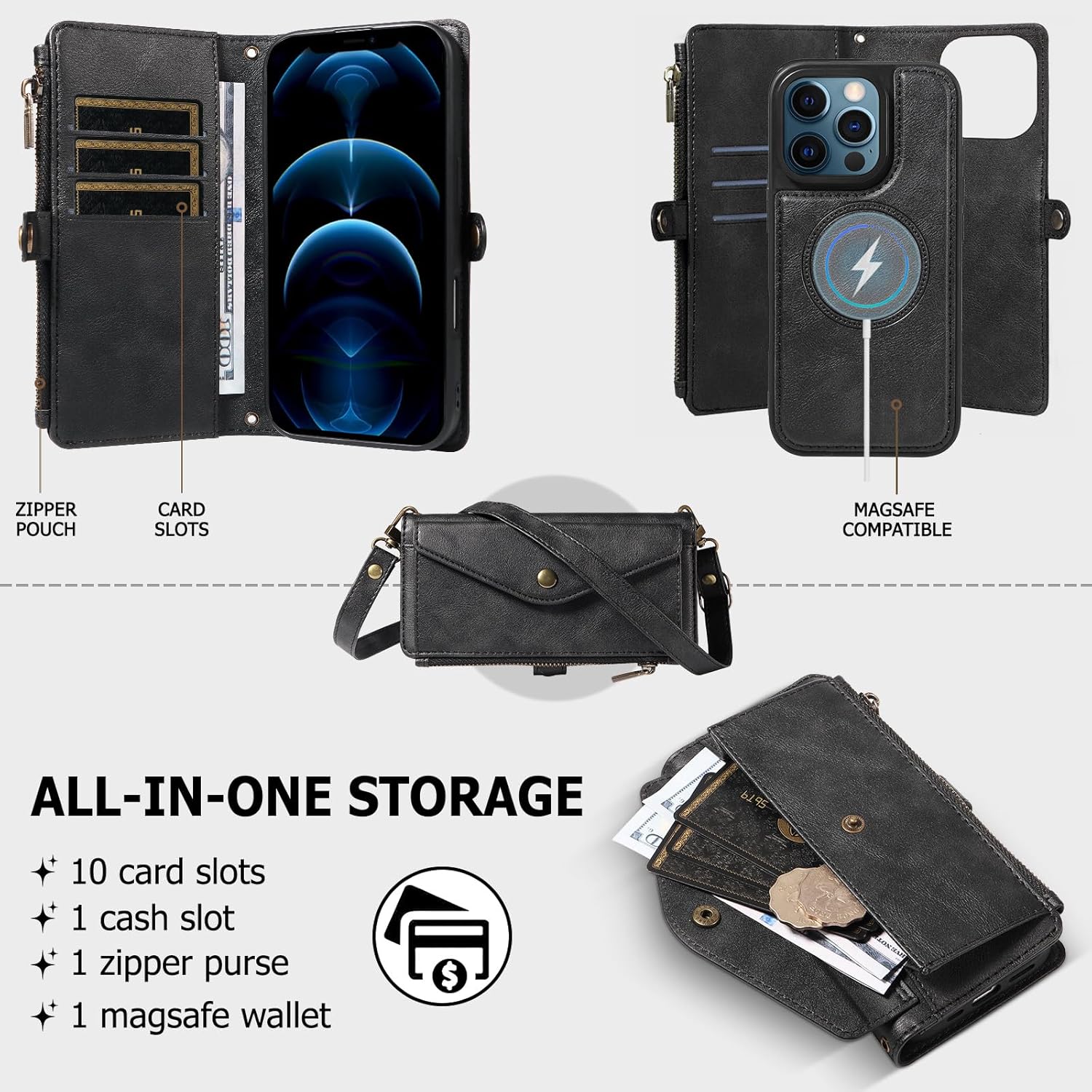 Compatible with Magsafe 3 in 1 Detachable iPhone 12/12 Pro Wallet Case with Card Holder, PU Leather Handbag Phone Purse with Zipper, RFID Blocking Strap Lanyard Kickstand Magnetic Phone Cover
