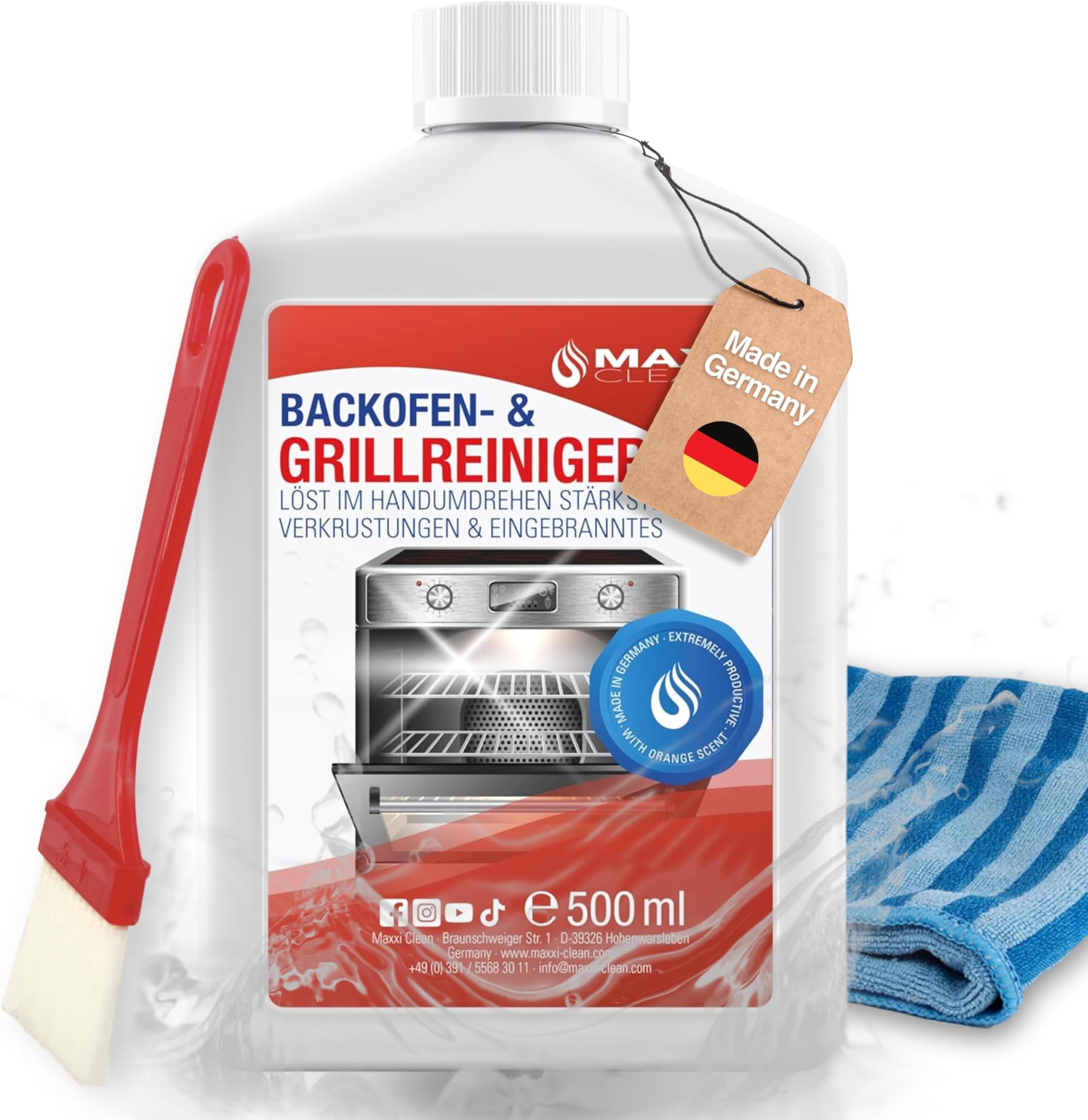 Oven Cleaner 500 ml Gel Paste Incl. proWIN Oven and Grill Cleaner Brush | Removes The Most Stubborn Encrustations – Cleans Automatically – Without Heating – No Odours and Bonus Maxxi Clean Antibacterial Fleece in a Selection of 4 Colours