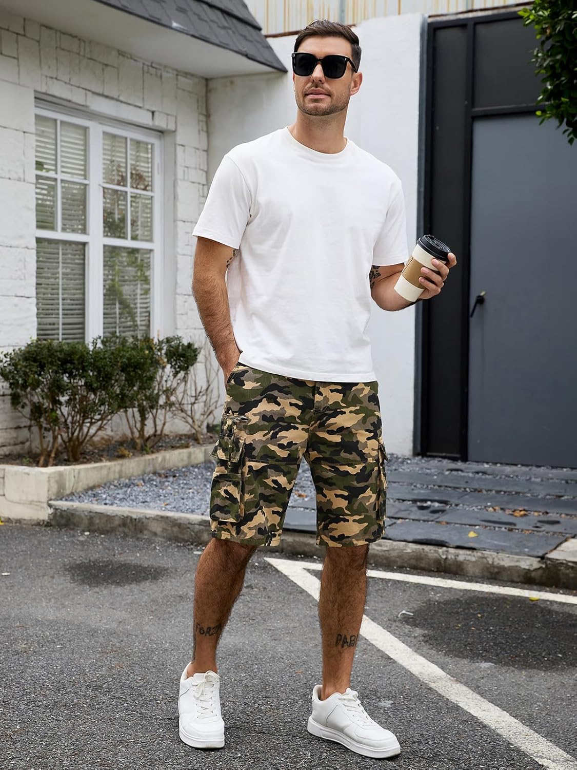 Men's Cargo Shorts Casual Elastic Waist Short with 9 Pockets