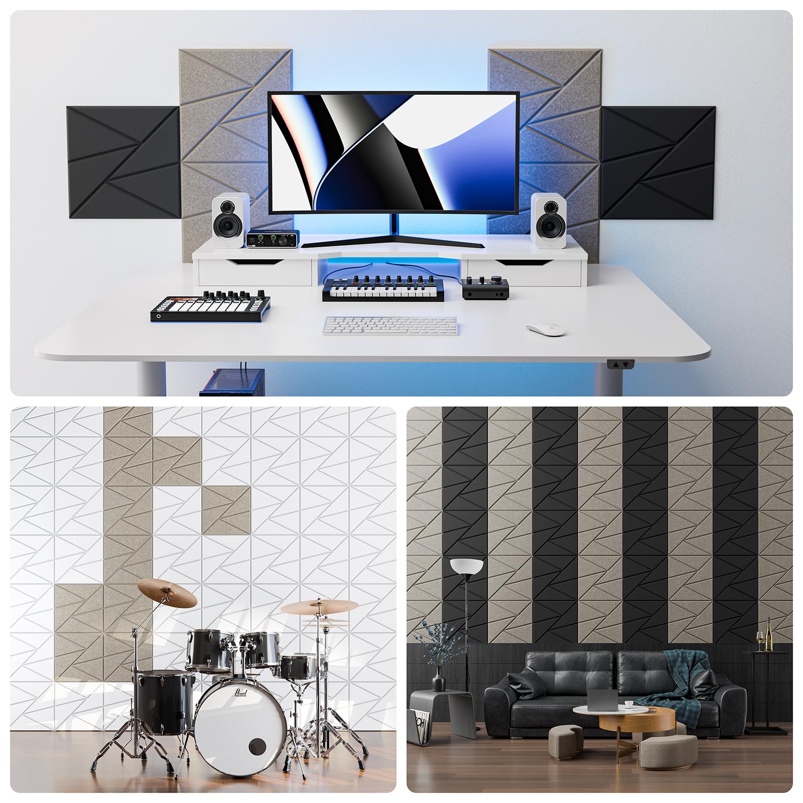 Paquete de 12 paneles acústicos con autoadhesivos, paneles de espuma a prueba de sonido de 12 x 12 x 0.4 pulgadas, paneles de sonido de alta densidad, paneles de pared insonorizados para hogar