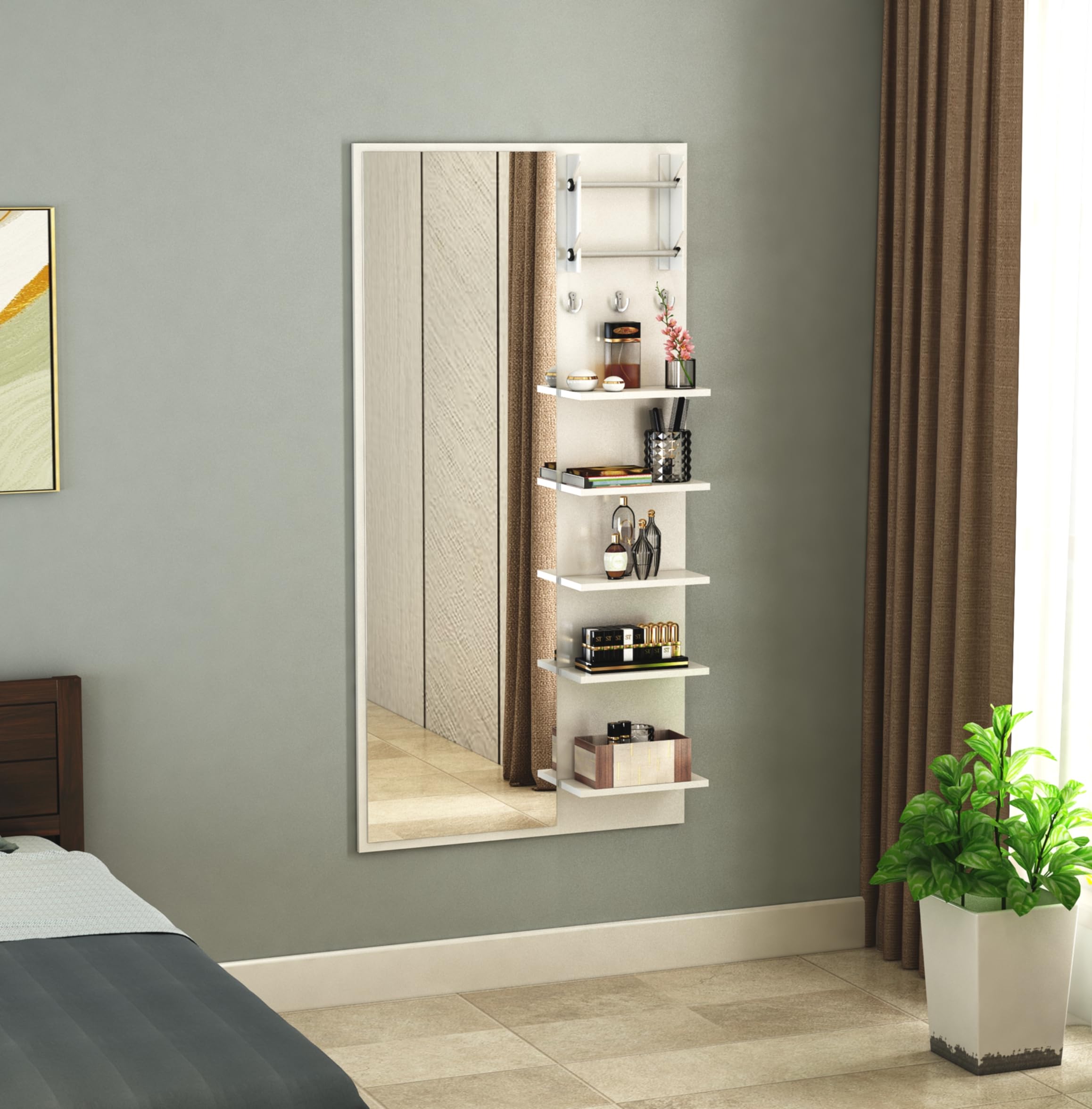 DesignFit Engineered Wood Wall Mount Dressing Rectangular Framed Table Mirror with Shelves, Bangle Holder & Hooks (White Finish)-image-27