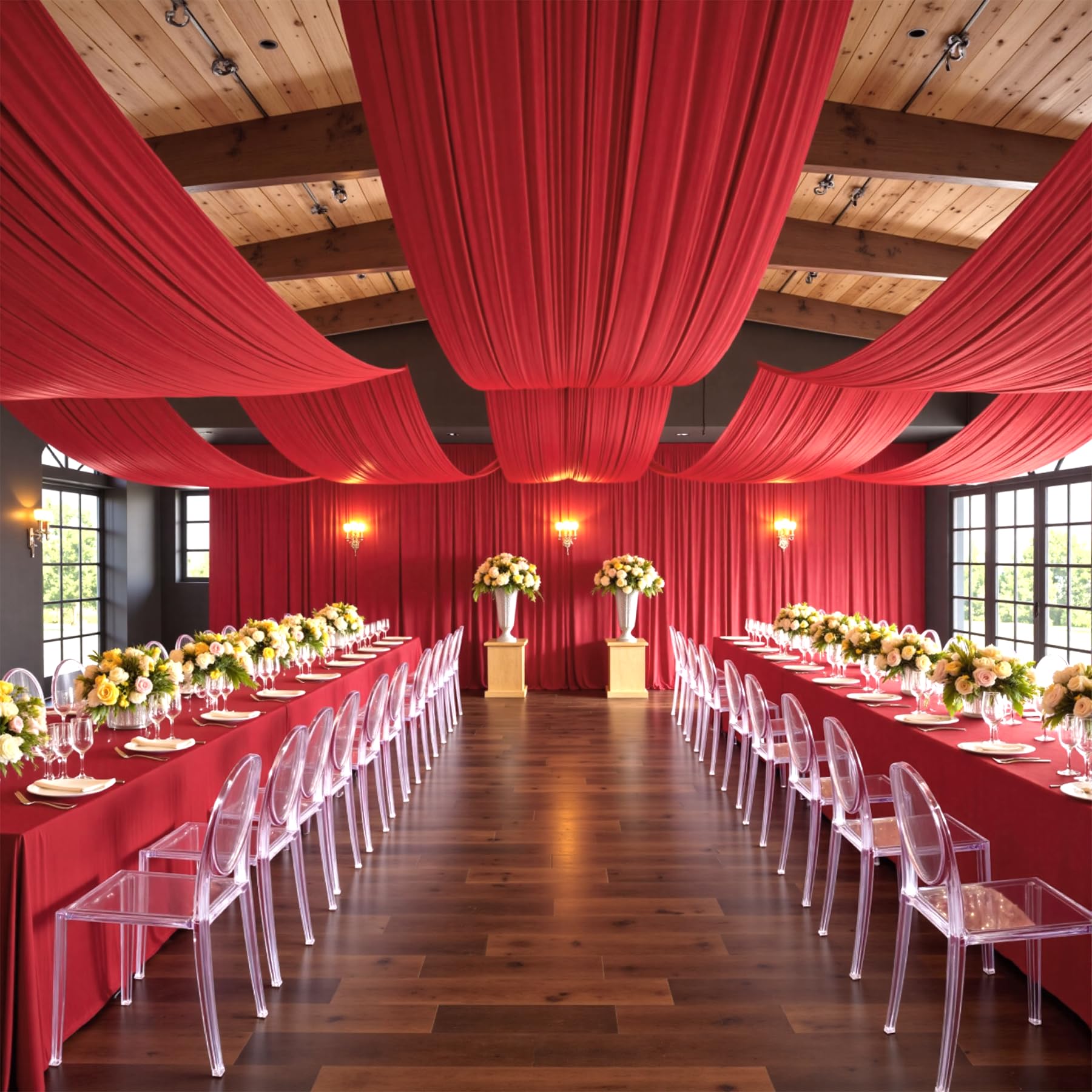 Lot de 4 rideaux de plafond infroissables en tissu pour cérémonie de mariage, fête d'anniversaire avec passe-tringle, 6,1 x 6,1 m, rouge