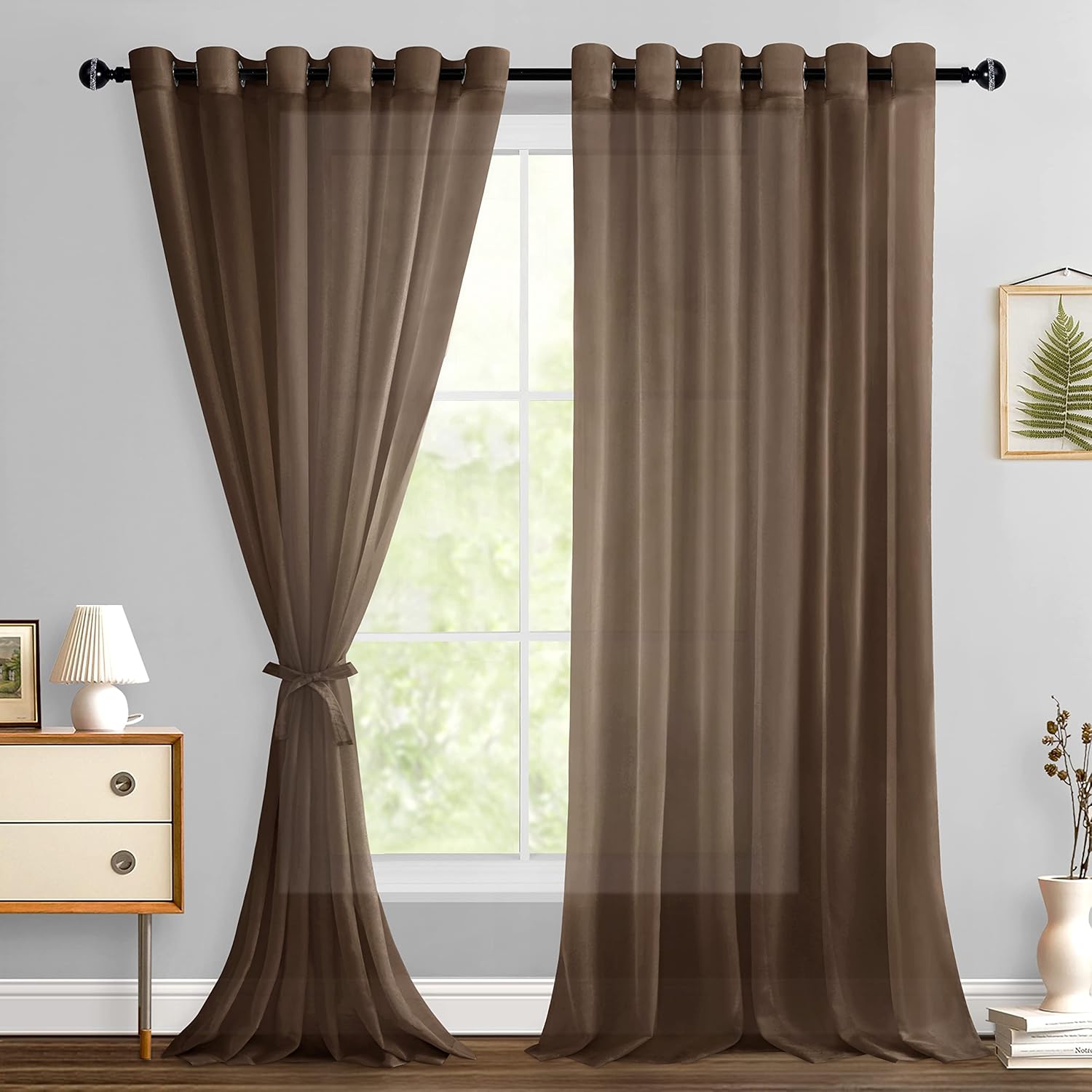 Hiasan Brown Sheer Curtains for Bedroom with Tiebacks, Lightweight Breathable Voile Drapes Light Filtering Grommet Window Curtains for Living Room, Sliding Door, Nursery, W70 x L96, 2 Soft Panels