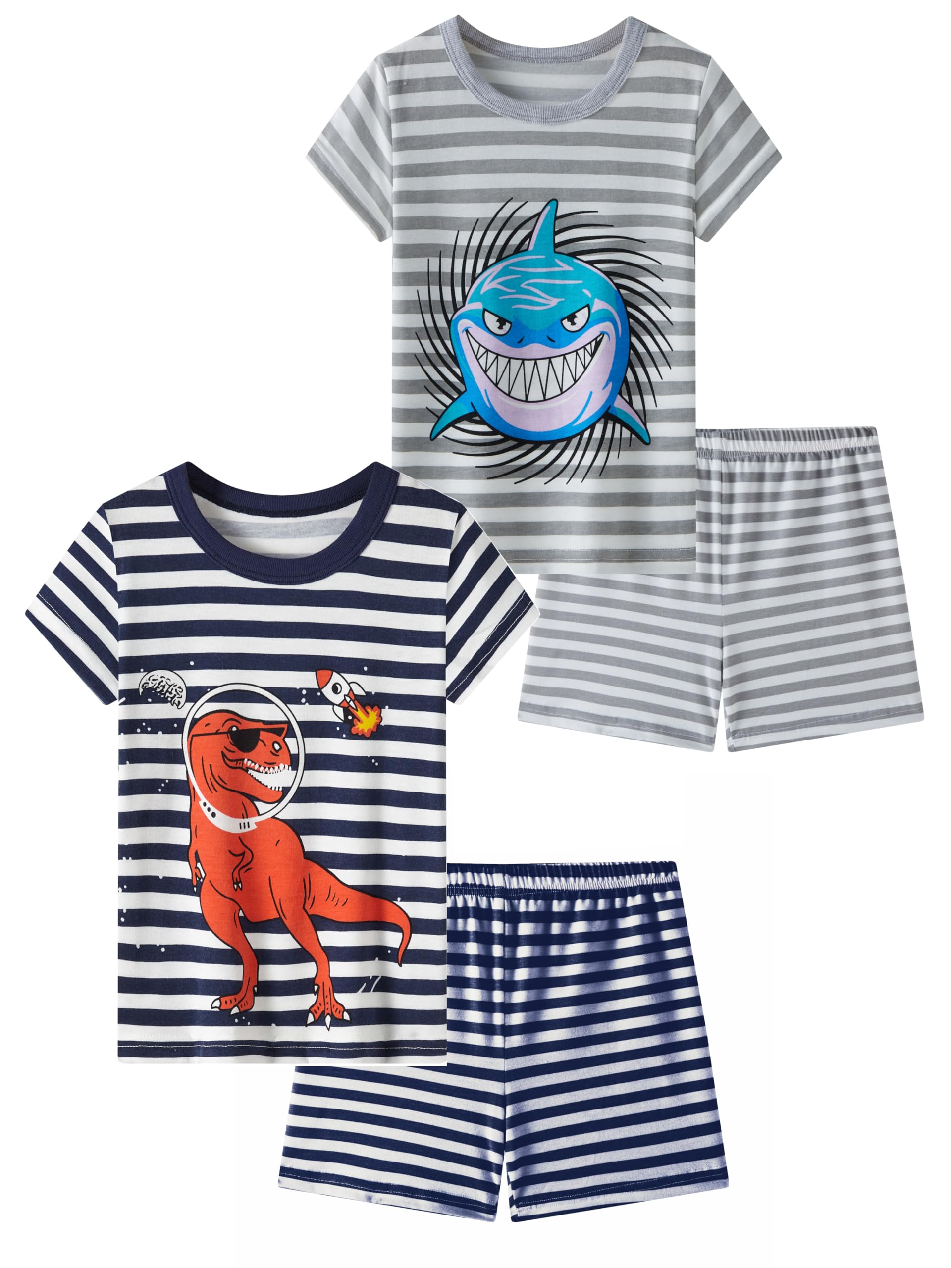 Boys Pyjama Set Short Sleeve Dinosaur Shark T-Shirt & Shorts Loungewear Striped PJs for Kids Sleepwear Pyjama Nightwear 7-8 Years