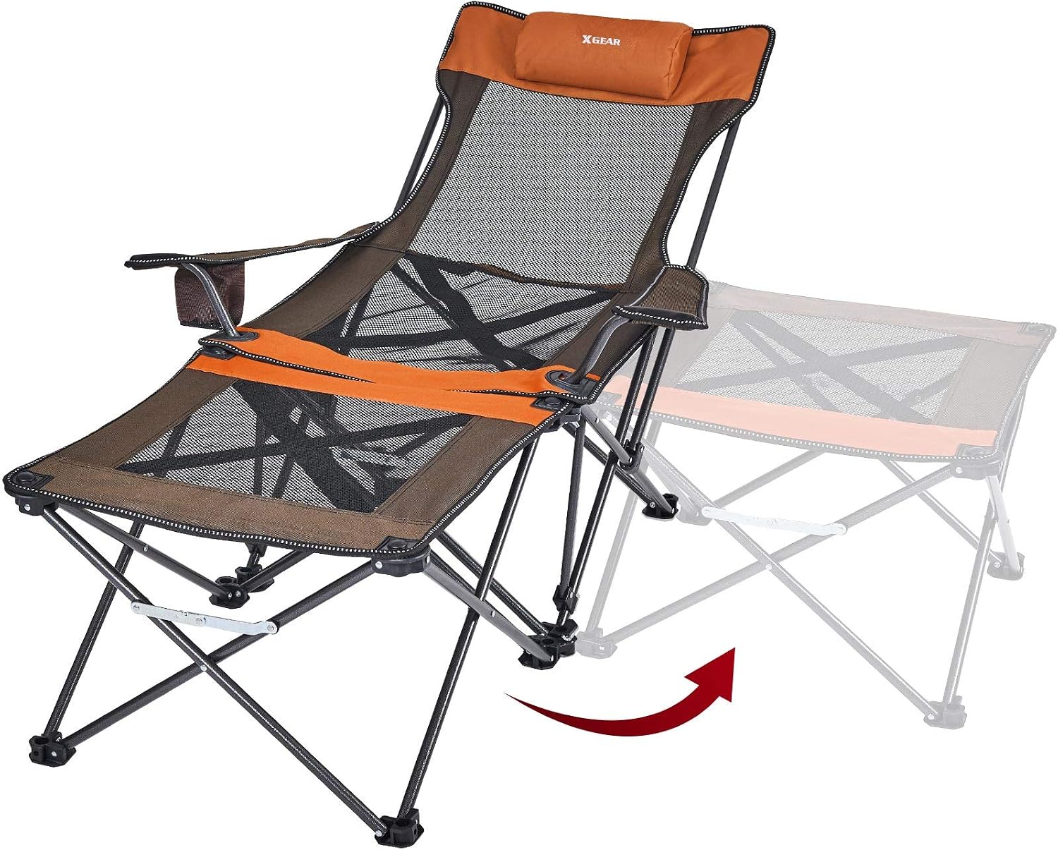 Xgear 2 in 1 Camping Chair with Footrest Recliner Folding Chaise Lounge Chair (Footrest Can Transform to Side Table) Very Stable, for Fishing, Beach, Picnics (Grey/Orange)